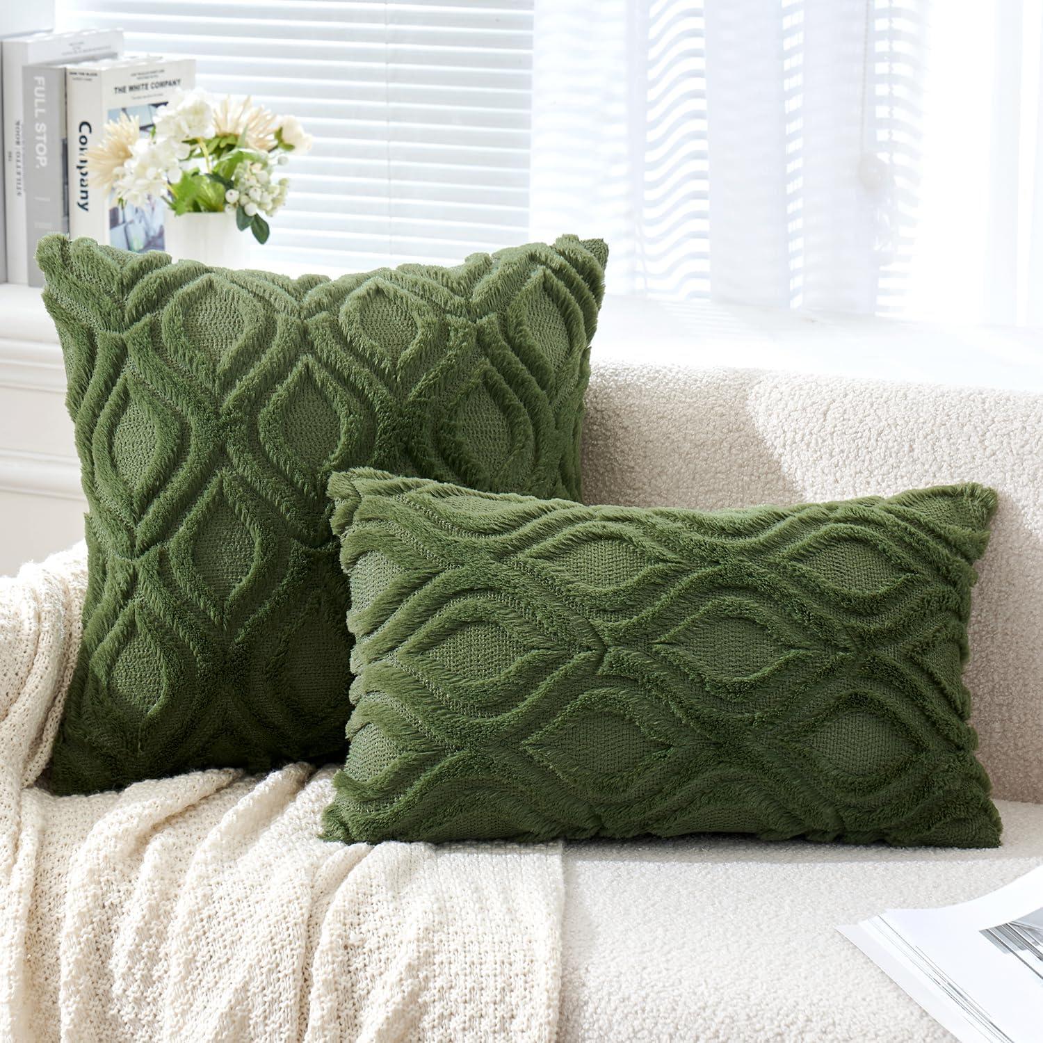 imageMIULEE Navy Blue Throw Pillow Covers 20x20 Inch Soft Winter Plush Faux Wool Couch Pillow Covers Set of 2 Decorative Farmhouse Boho Throw Pillows for Sofa Living Room BedMoss Green