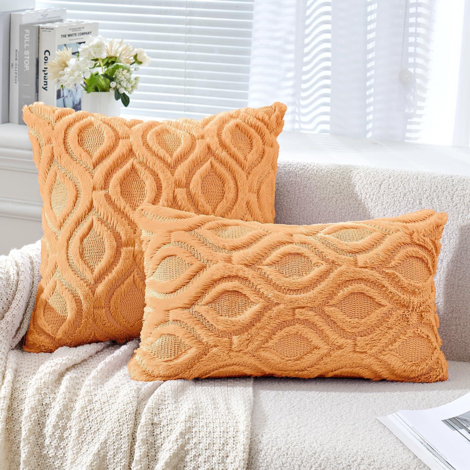 imageMIULEE Navy Blue Throw Pillow Covers 20x20 Inch Soft Winter Plush Faux Wool Couch Pillow Covers Set of 2 Decorative Farmhouse Boho Throw Pillows for Sofa Living Room BedOrange
