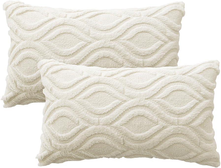 imageMIULEE Navy Blue Throw Pillow Covers 20x20 Inch Soft Winter Plush Faux Wool Couch Pillow Covers Set of 2 Decorative Farmhouse Boho Throw Pillows for Sofa Living Room BedCream White