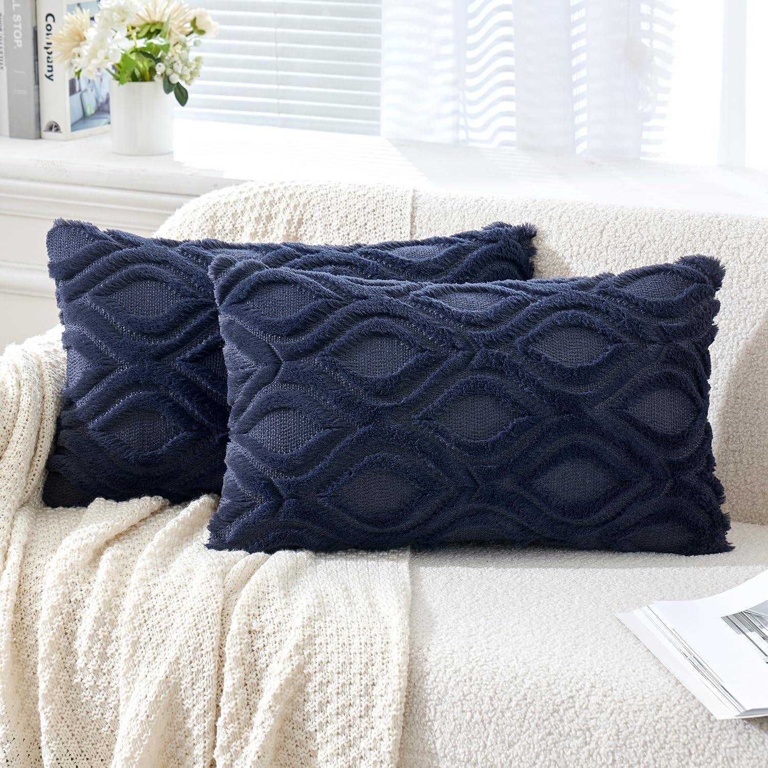 imageMIULEE Navy Blue Throw Pillow Covers 20x20 Inch Soft Winter Plush Faux Wool Couch Pillow Covers Set of 2 Decorative Farmhouse Boho Throw Pillows for Sofa Living Room BedNavy Blue