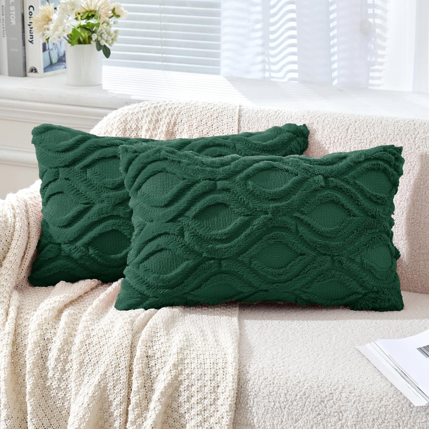 imageMIULEE Navy Blue Throw Pillow Covers 20x20 Inch Soft Winter Plush Faux Wool Couch Pillow Covers Set of 2 Decorative Farmhouse Boho Throw Pillows for Sofa Living Room BedDark Green