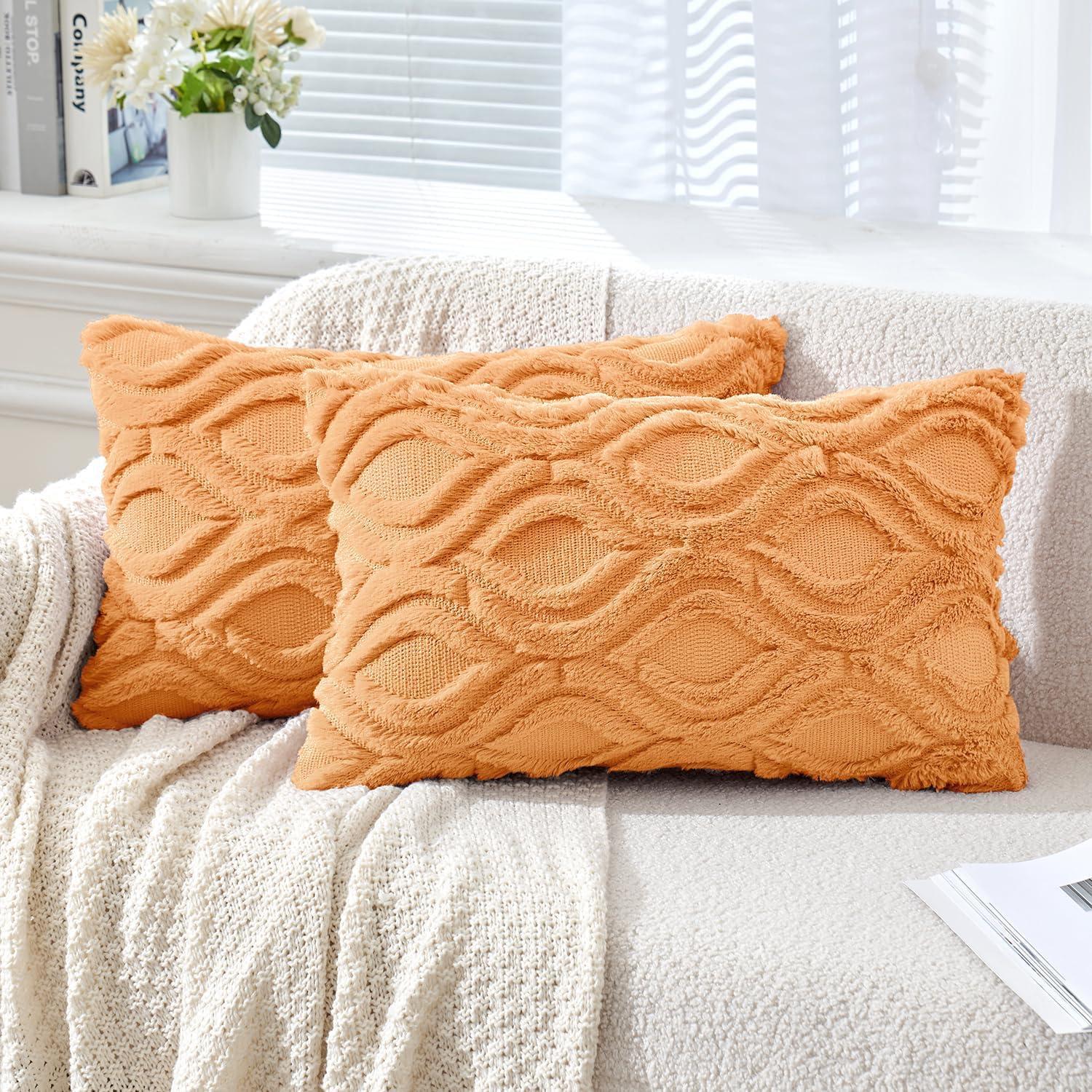 imageMIULEE Navy Blue Throw Pillow Covers 20x20 Inch Soft Winter Plush Faux Wool Couch Pillow Covers Set of 2 Decorative Farmhouse Boho Throw Pillows for Sofa Living Room BedOrange