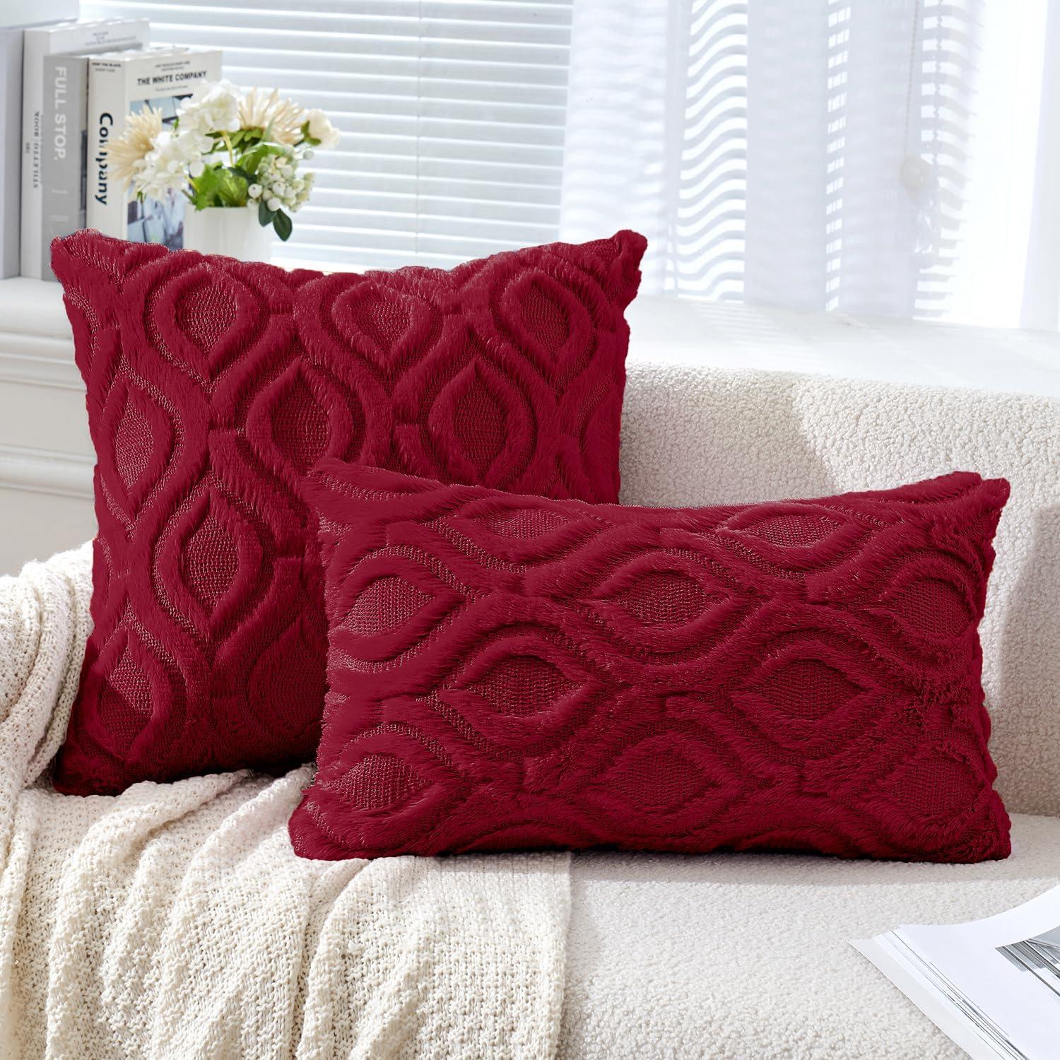 imageMIULEE Navy Blue Throw Pillow Covers 20x20 Inch Soft Winter Plush Faux Wool Couch Pillow Covers Set of 2 Decorative Farmhouse Boho Throw Pillows for Sofa Living Room BedWine Red