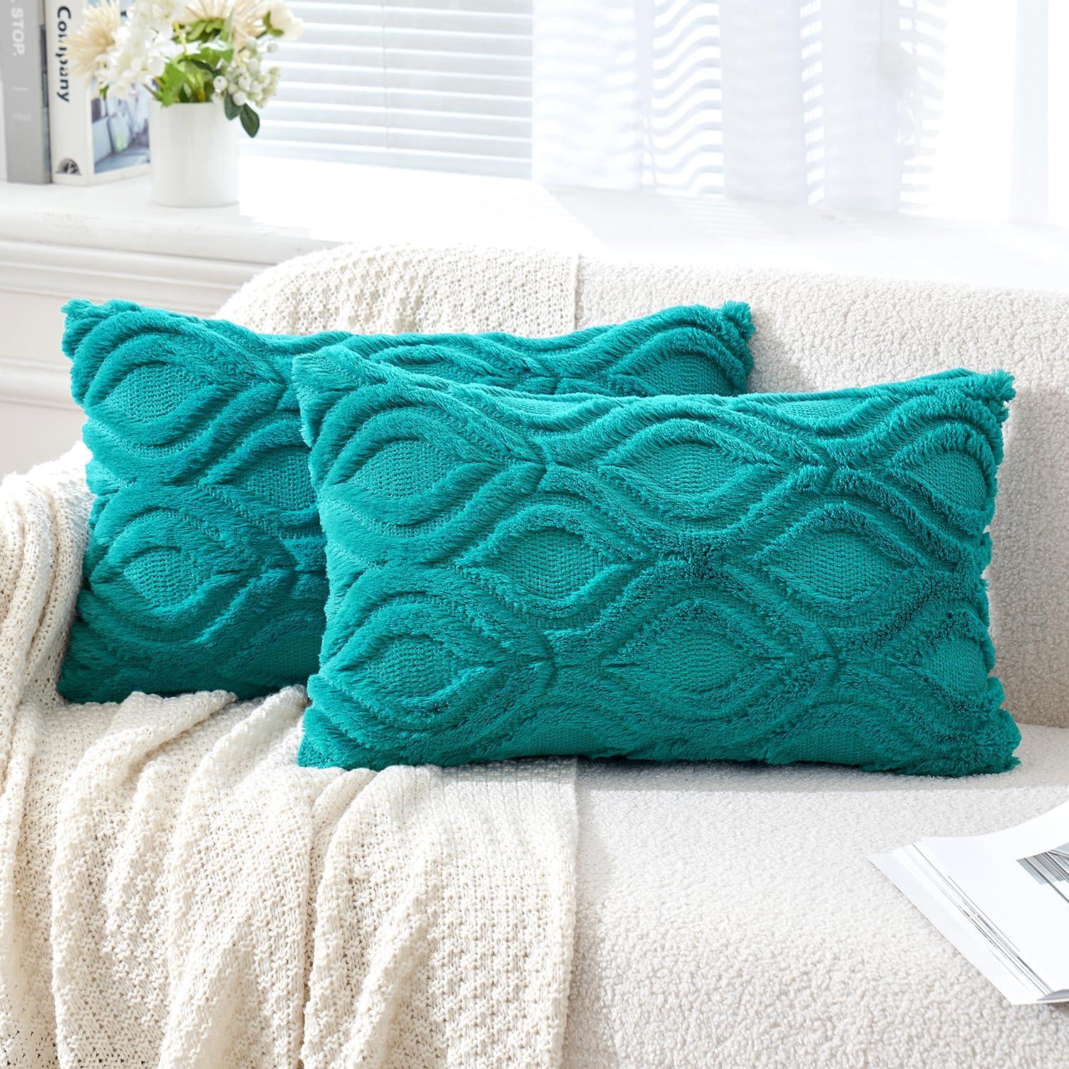 imageMIULEE Navy Blue Throw Pillow Covers 20x20 Inch Soft Winter Plush Faux Wool Couch Pillow Covers Set of 2 Decorative Farmhouse Boho Throw Pillows for Sofa Living Room BedTeal