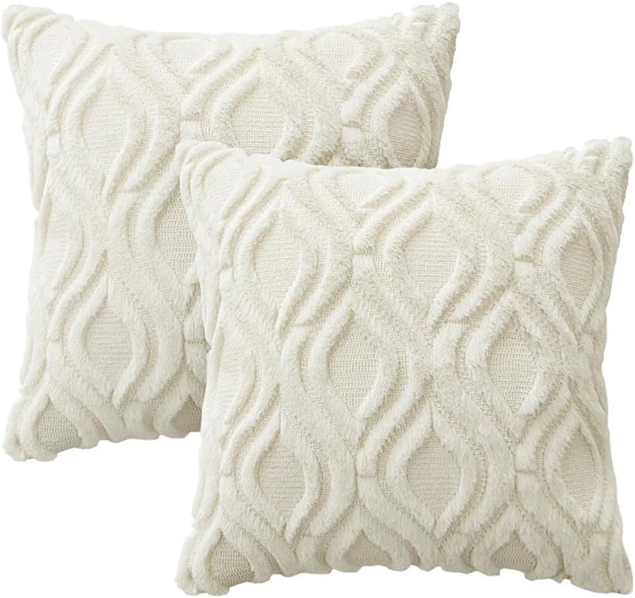 imageMIULEE Navy Blue Throw Pillow Covers 20x20 Inch Soft Winter Plush Faux Wool Couch Pillow Covers Set of 2 Decorative Farmhouse Boho Throw Pillows for Sofa Living Room BedCream White