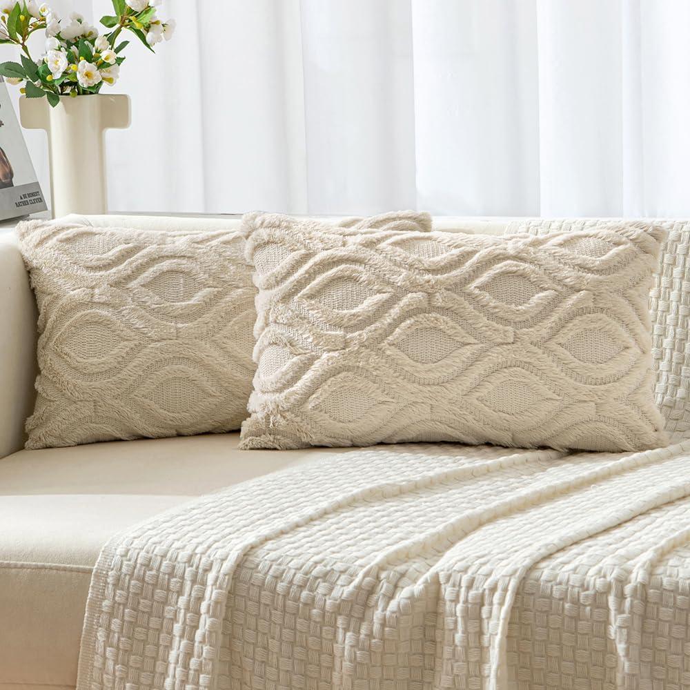 imageMIULEE Navy Blue Throw Pillow Covers 20x20 Inch Soft Winter Plush Faux Wool Couch Pillow Covers Set of 2 Decorative Farmhouse Boho Throw Pillows for Sofa Living Room BedBeige