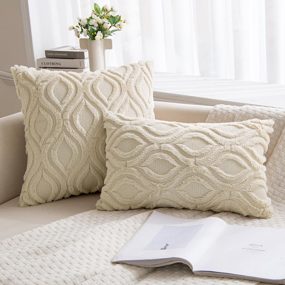 imageMIULEE Navy Blue Throw Pillow Covers 20x20 Inch Soft Winter Plush Faux Wool Couch Pillow Covers Set of 2 Decorative Farmhouse Boho Throw Pillows for Sofa Living Room BedBeige