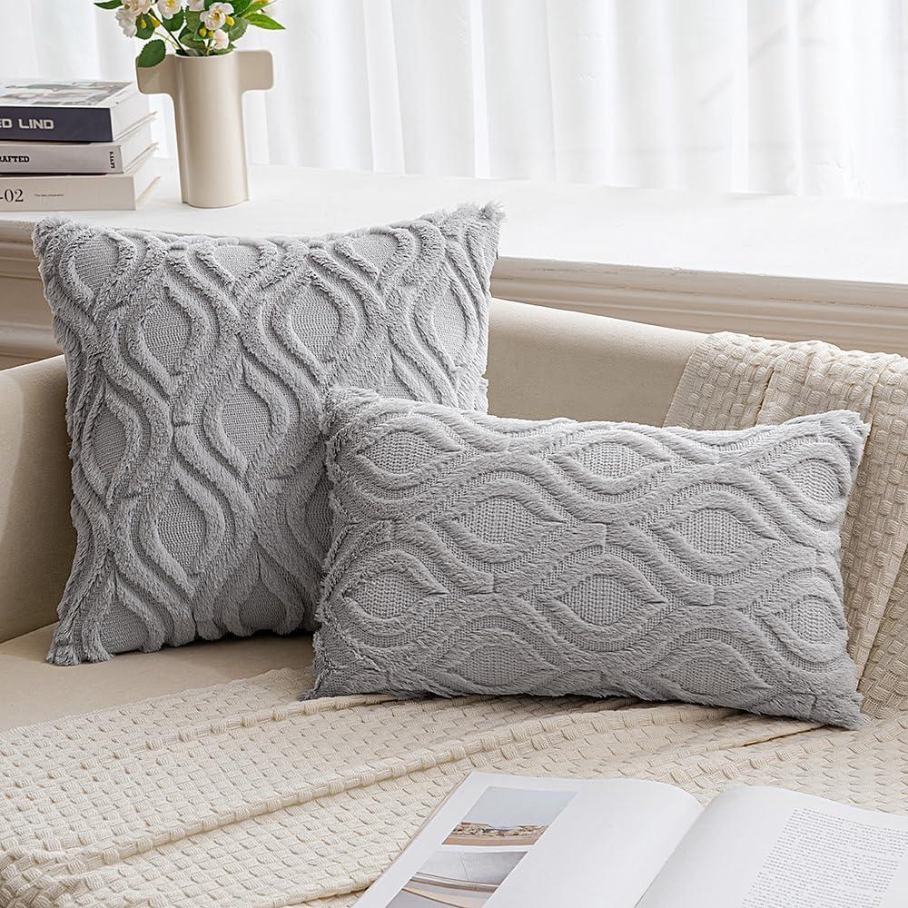 imageMIULEE Navy Blue Throw Pillow Covers 20x20 Inch Soft Winter Plush Faux Wool Couch Pillow Covers Set of 2 Decorative Farmhouse Boho Throw Pillows for Sofa Living Room BedLight Grey
