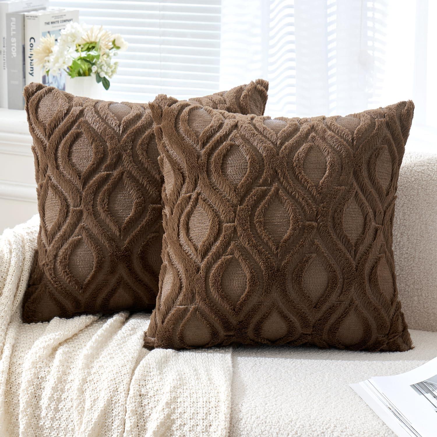 imageMIULEE Navy Blue Throw Pillow Covers 20x20 Inch Soft Winter Plush Faux Wool Couch Pillow Covers Set of 2 Decorative Farmhouse Boho Throw Pillows for Sofa Living Room BedDark Brown
