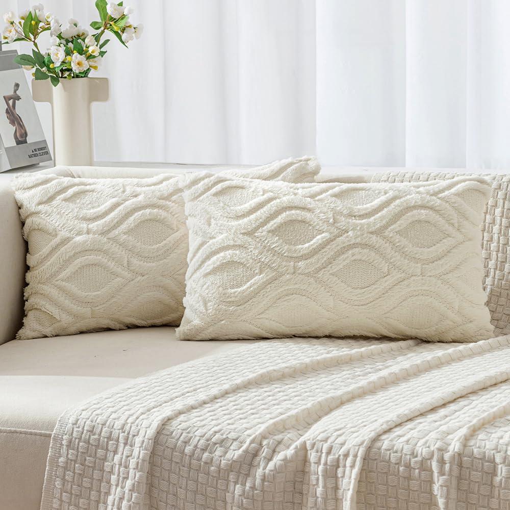 imageMIULEE Navy Blue Throw Pillow Covers 20x20 Inch Soft Winter Plush Faux Wool Couch Pillow Covers Set of 2 Decorative Farmhouse Boho Throw Pillows for Sofa Living Room BedCream White