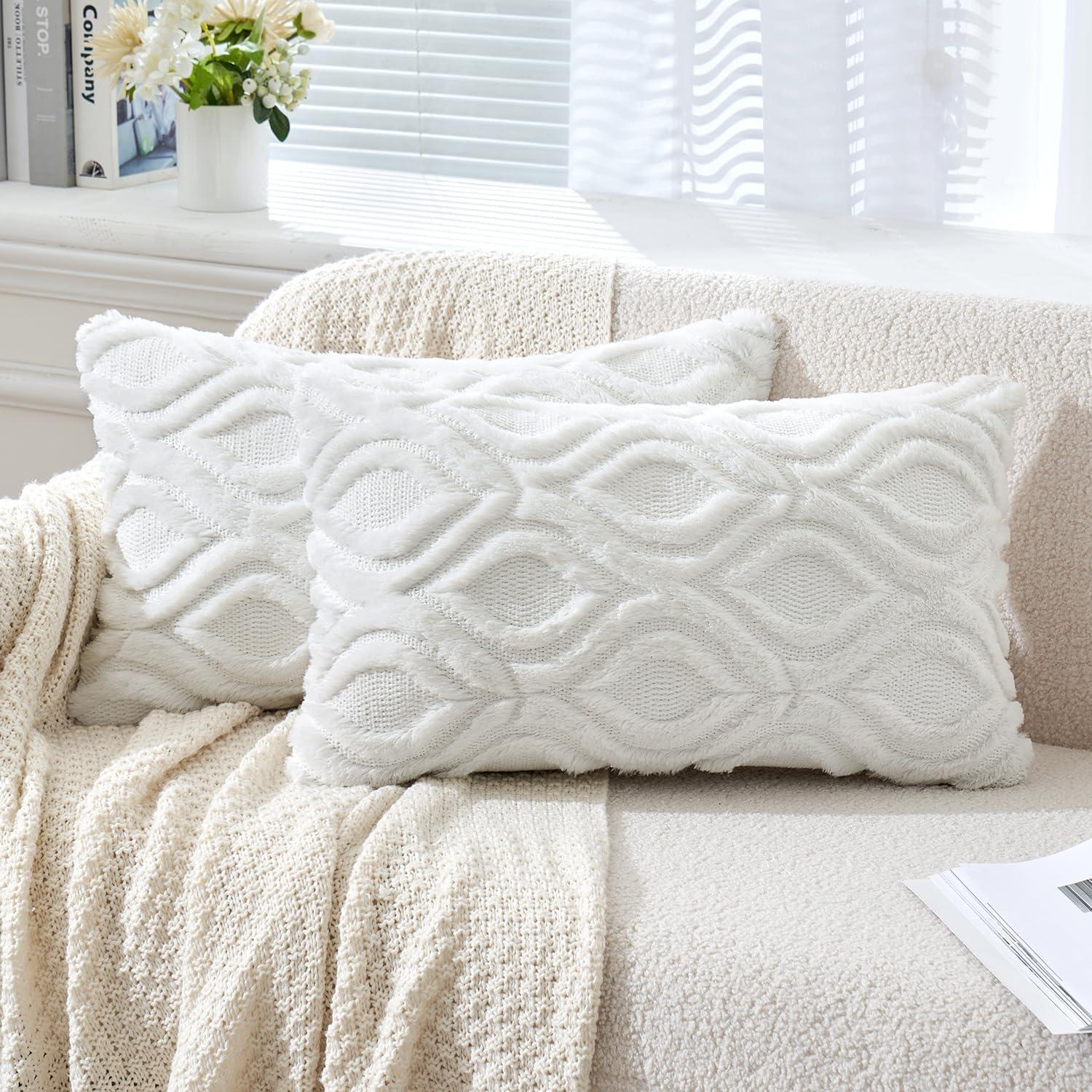 imageMIULEE Navy Blue Throw Pillow Covers 20x20 Inch Soft Winter Plush Faux Wool Couch Pillow Covers Set of 2 Decorative Farmhouse Boho Throw Pillows for Sofa Living Room BedPure White