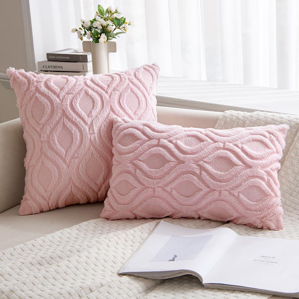 imageMIULEE Navy Blue Throw Pillow Covers 20x20 Inch Soft Winter Plush Faux Wool Couch Pillow Covers Set of 2 Decorative Farmhouse Boho Throw Pillows for Sofa Living Room BedLight Pink