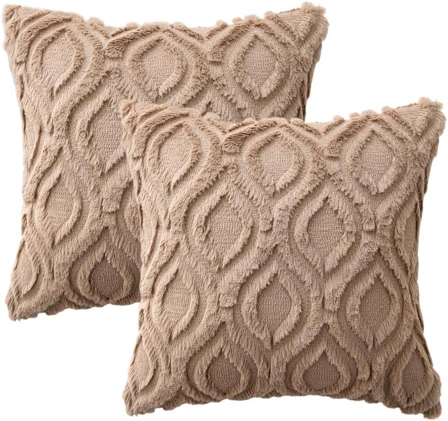 imageMIULEE Navy Blue Throw Pillow Covers 20x20 Inch Soft Winter Plush Faux Wool Couch Pillow Covers Set of 2 Decorative Farmhouse Boho Throw Pillows for Sofa Living Room BedLight Brown