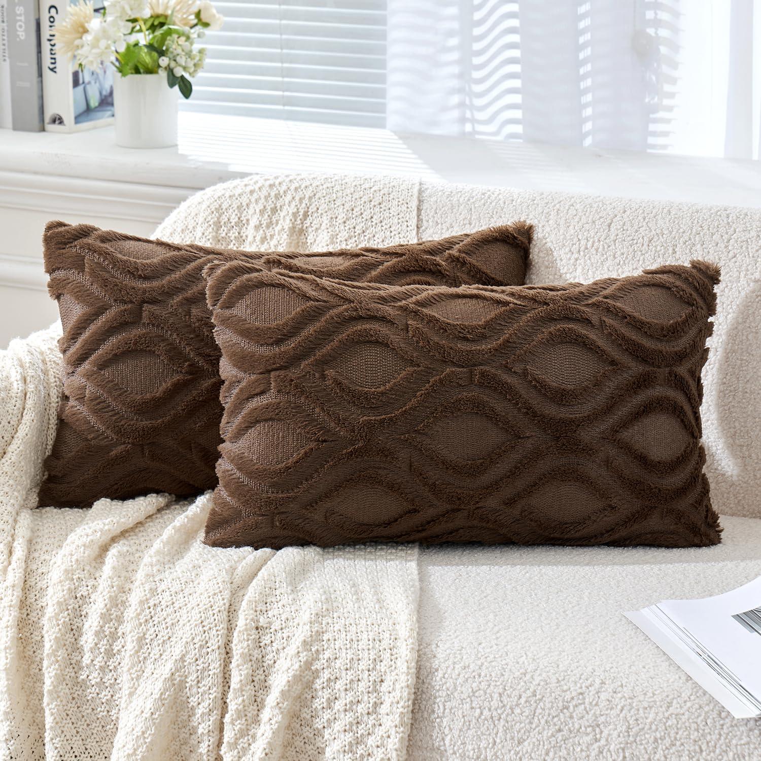 imageMIULEE Navy Blue Throw Pillow Covers 20x20 Inch Soft Winter Plush Faux Wool Couch Pillow Covers Set of 2 Decorative Farmhouse Boho Throw Pillows for Sofa Living Room BedDark Brown