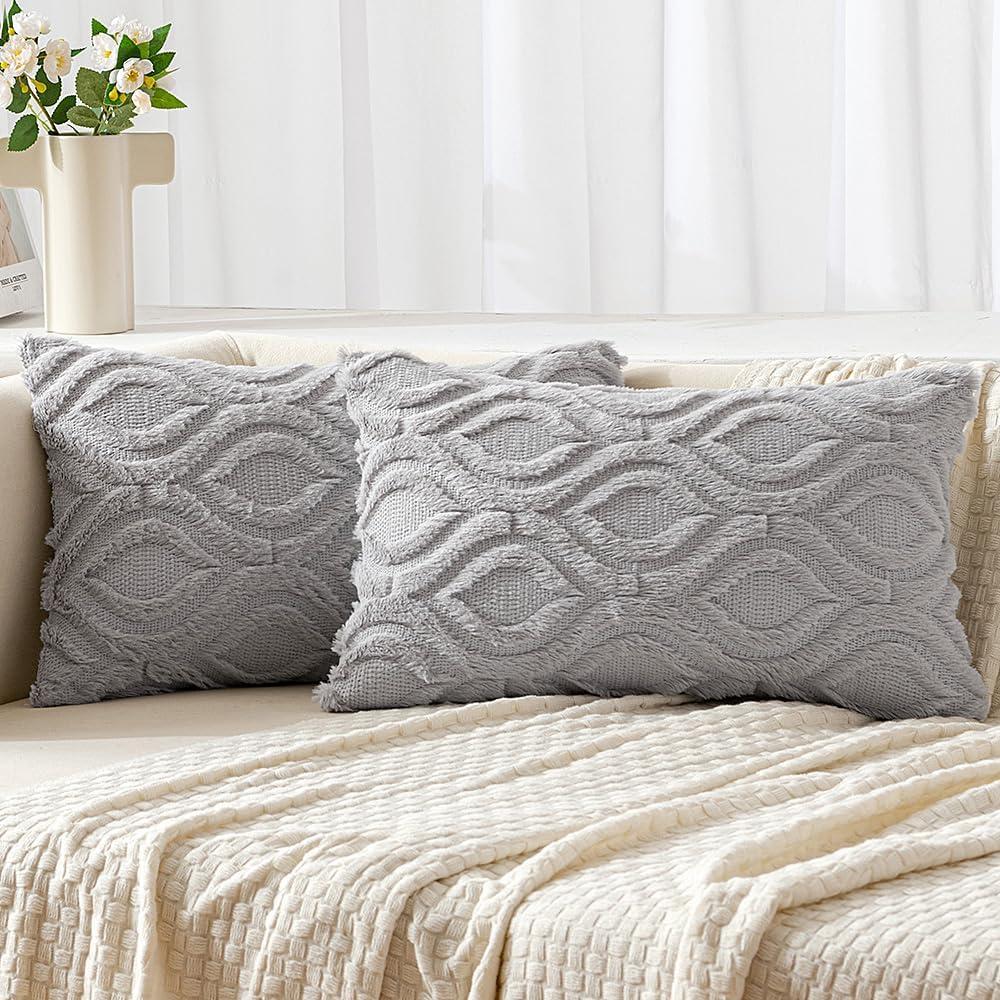imageMIULEE Navy Blue Throw Pillow Covers 20x20 Inch Soft Winter Plush Faux Wool Couch Pillow Covers Set of 2 Decorative Farmhouse Boho Throw Pillows for Sofa Living Room BedLight Grey