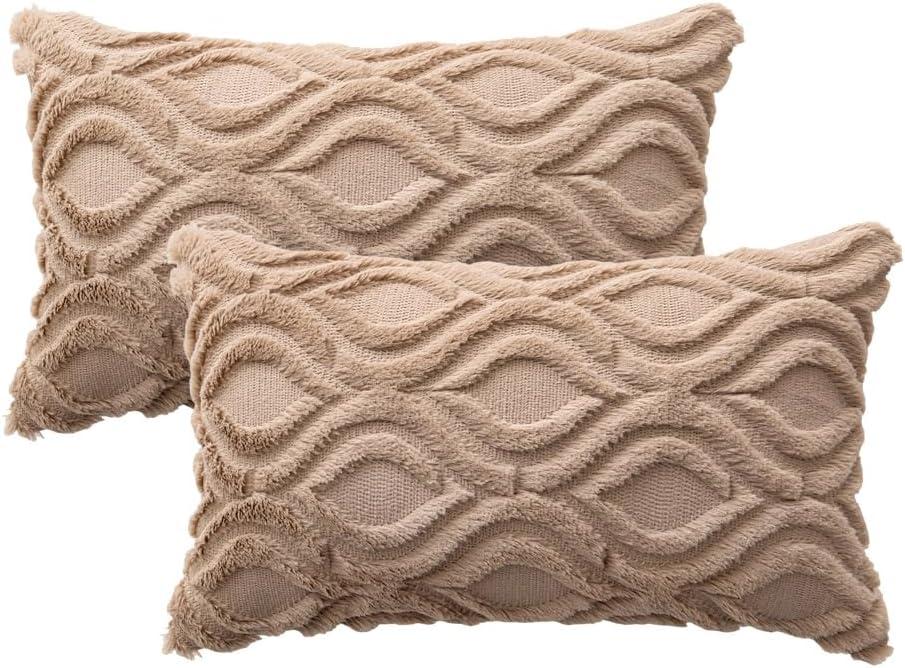 imageMIULEE Navy Blue Throw Pillow Covers 20x20 Inch Soft Winter Plush Faux Wool Couch Pillow Covers Set of 2 Decorative Farmhouse Boho Throw Pillows for Sofa Living Room BedLight Brown