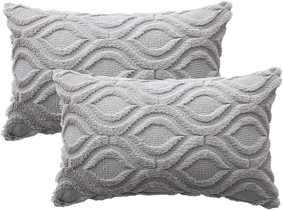 imageMIULEE Navy Blue Throw Pillow Covers 20x20 Inch Soft Winter Plush Faux Wool Couch Pillow Covers Set of 2 Decorative Farmhouse Boho Throw Pillows for Sofa Living Room BedLight Grey
