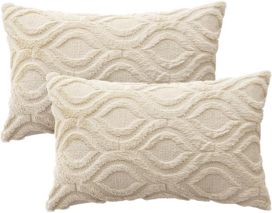 imageMIULEE Navy Blue Throw Pillow Covers 20x20 Inch Soft Winter Plush Faux Wool Couch Pillow Covers Set of 2 Decorative Farmhouse Boho Throw Pillows for Sofa Living Room BedBeige