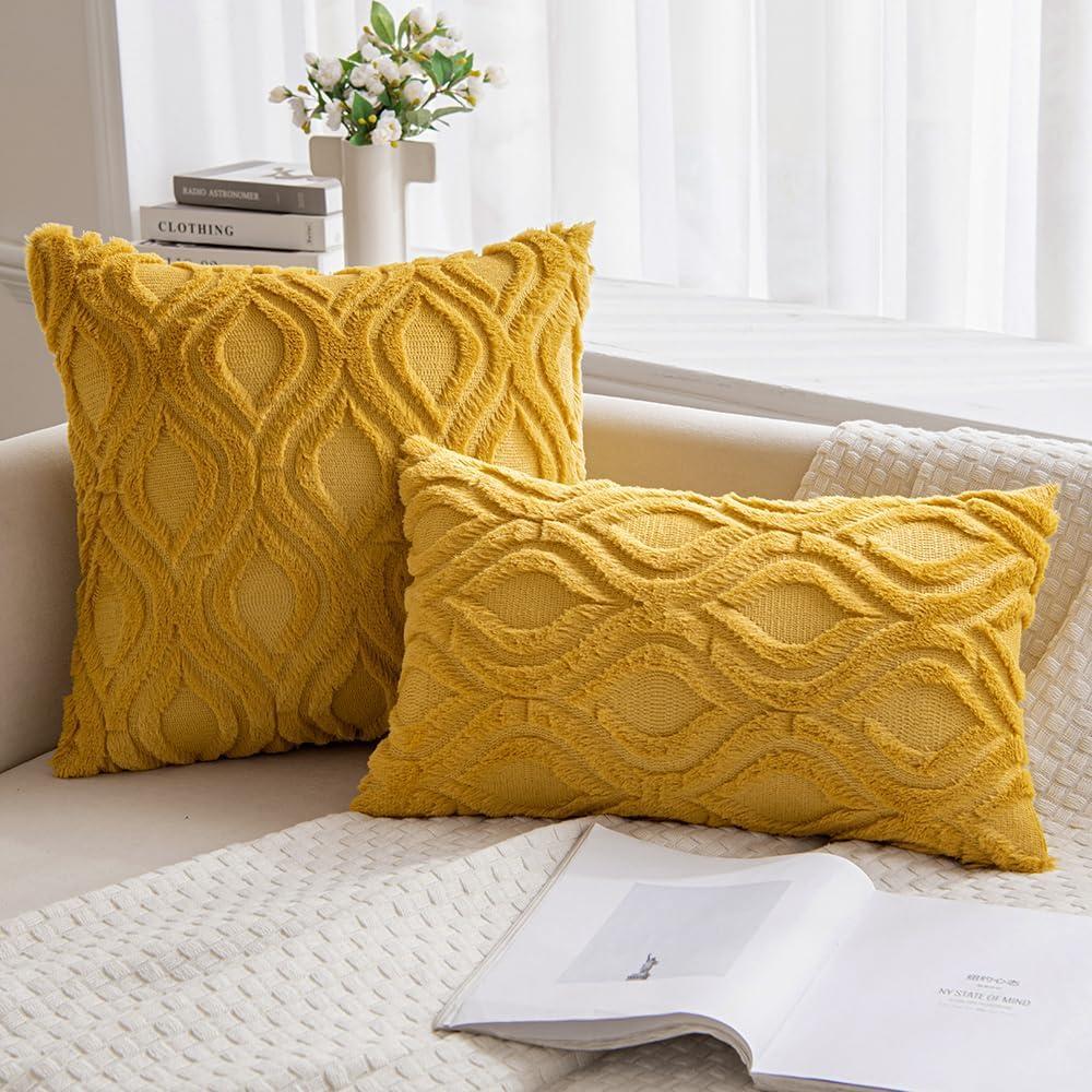 imageMIULEE Navy Blue Throw Pillow Covers 20x20 Inch Soft Winter Plush Faux Wool Couch Pillow Covers Set of 2 Decorative Farmhouse Boho Throw Pillows for Sofa Living Room BedMustard Yellow