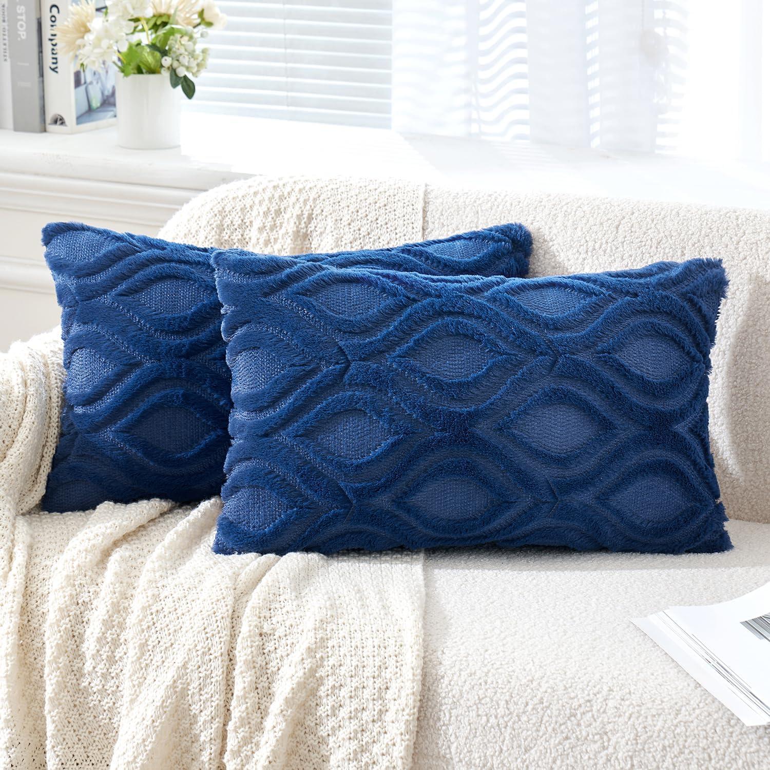 imageMIULEE Navy Blue Throw Pillow Covers 20x20 Inch Soft Winter Plush Faux Wool Couch Pillow Covers Set of 2 Decorative Farmhouse Boho Throw Pillows for Sofa Living Room BedDark Blue