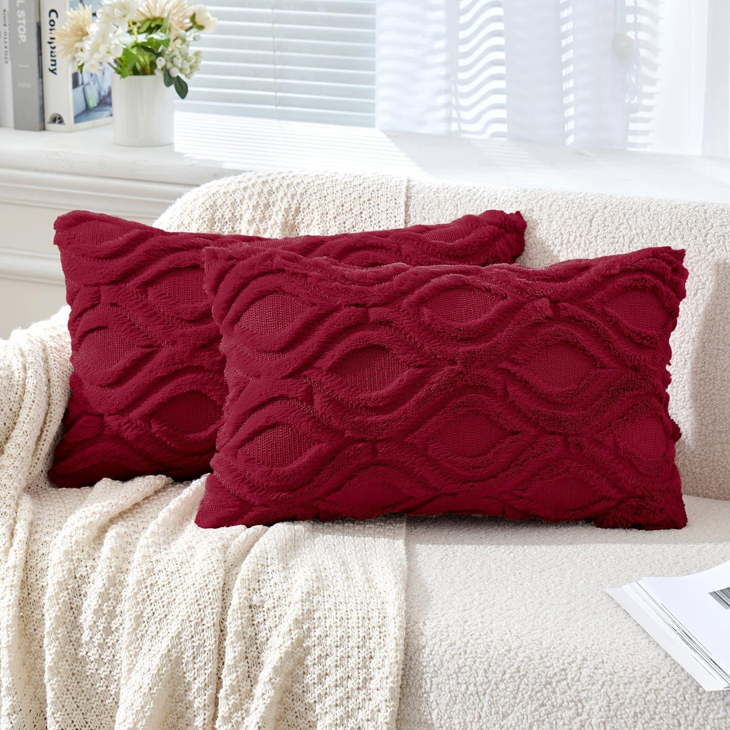 imageMIULEE Navy Blue Throw Pillow Covers 20x20 Inch Soft Winter Plush Faux Wool Couch Pillow Covers Set of 2 Decorative Farmhouse Boho Throw Pillows for Sofa Living Room BedWine Red