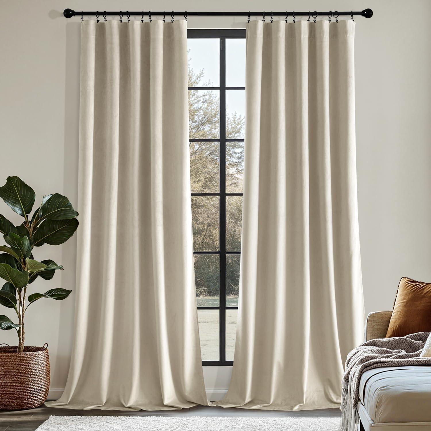 imageMIULEE Navy Blue Velvet Curtains 84 Inch Long Luxury Super Soft Thermal Insulated Blackout Curtains Room Darkening Drapes Rod Pocket Design for Bedroom Living Room Set of 2 Panels W40 x L84 InchBeige