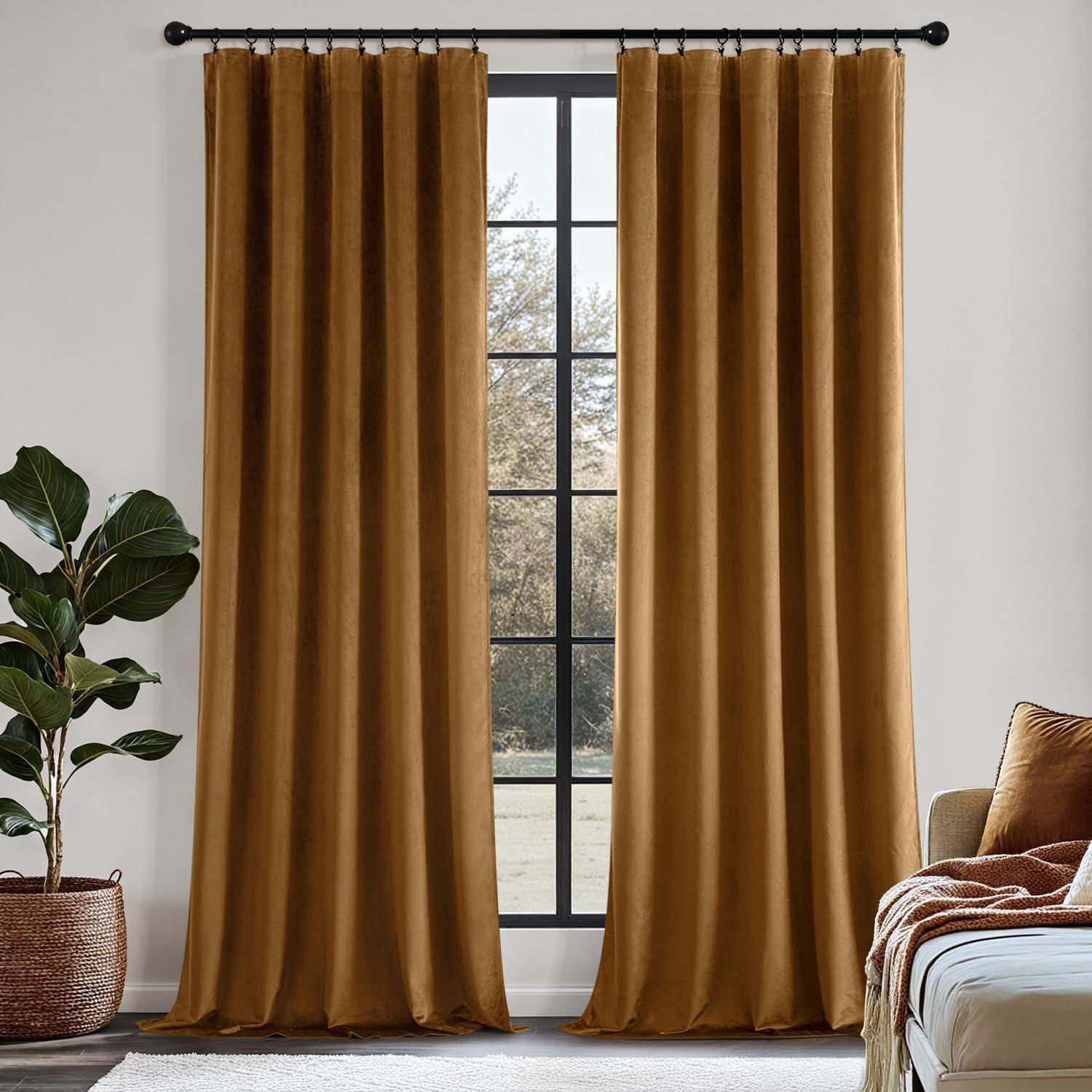 imageMIULEE Navy Blue Velvet Curtains 84 Inch Long Luxury Super Soft Thermal Insulated Blackout Curtains Room Darkening Drapes Rod Pocket Design for Bedroom Living Room Set of 2 Panels W40 x L84 InchGolden Brown