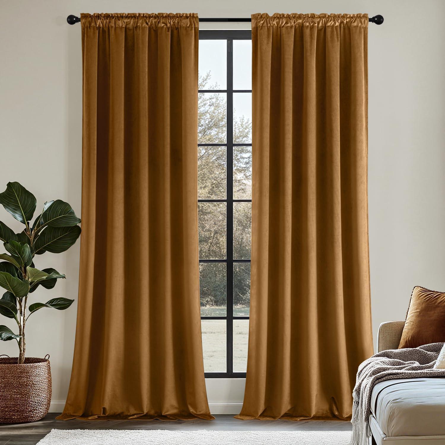imageMIULEE Navy Blue Velvet Curtains 84 Inch Long Luxury Super Soft Thermal Insulated Blackout Curtains Room Darkening Drapes Rod Pocket Design for Bedroom Living Room Set of 2 Panels W40 x L84 InchGolden Brown