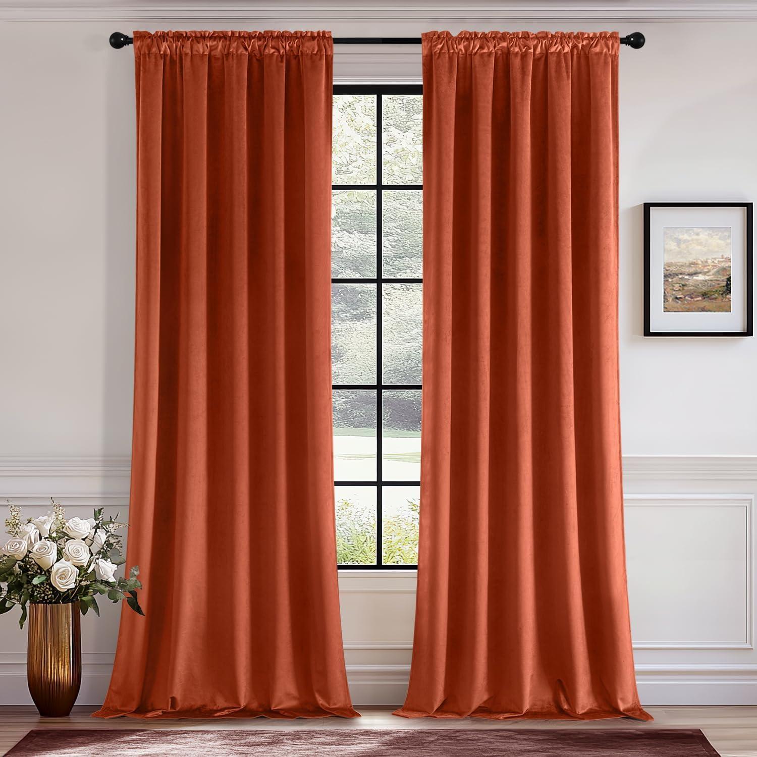 imageMIULEE Navy Blue Velvet Curtains 84 Inch Long Luxury Super Soft Thermal Insulated Blackout Curtains Room Darkening Drapes Rod Pocket Design for Bedroom Living Room Set of 2 Panels W40 x L84 InchBurnt Orange