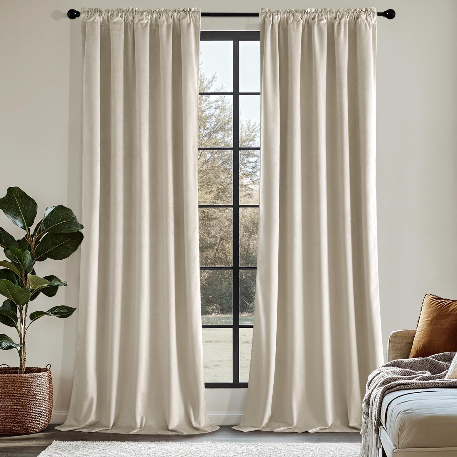 imageMIULEE Navy Blue Velvet Curtains 84 Inch Long Luxury Super Soft Thermal Insulated Blackout Curtains Room Darkening Drapes Rod Pocket Design for Bedroom Living Room Set of 2 Panels W40 x L84 InchBeige