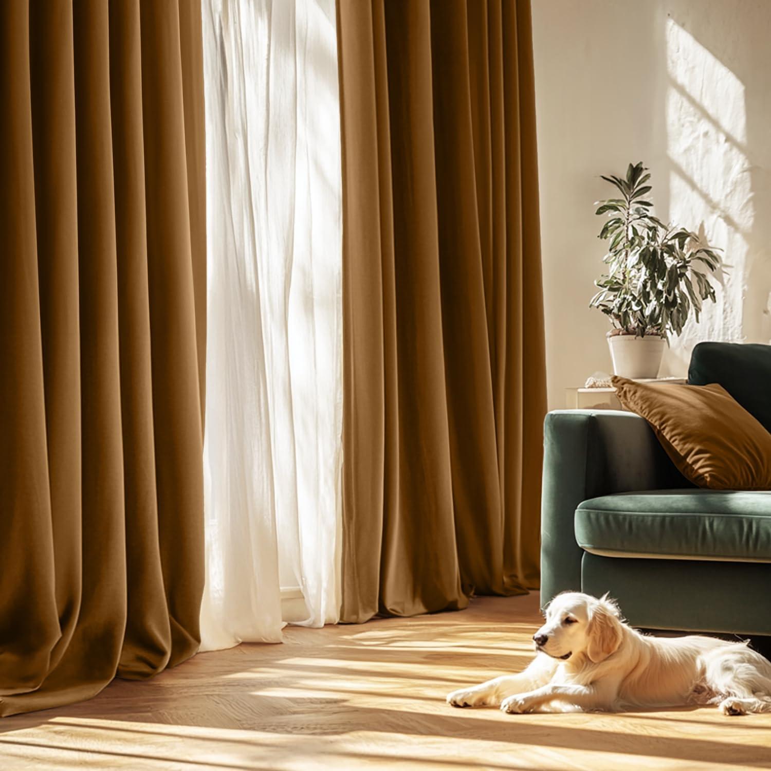 imageMIULEE Navy Blue Velvet Curtains 84 Inch Long Luxury Super Soft Thermal Insulated Blackout Curtains Room Darkening Drapes Rod Pocket Design for Bedroom Living Room Set of 2 Panels W40 x L84 InchGolden Brown