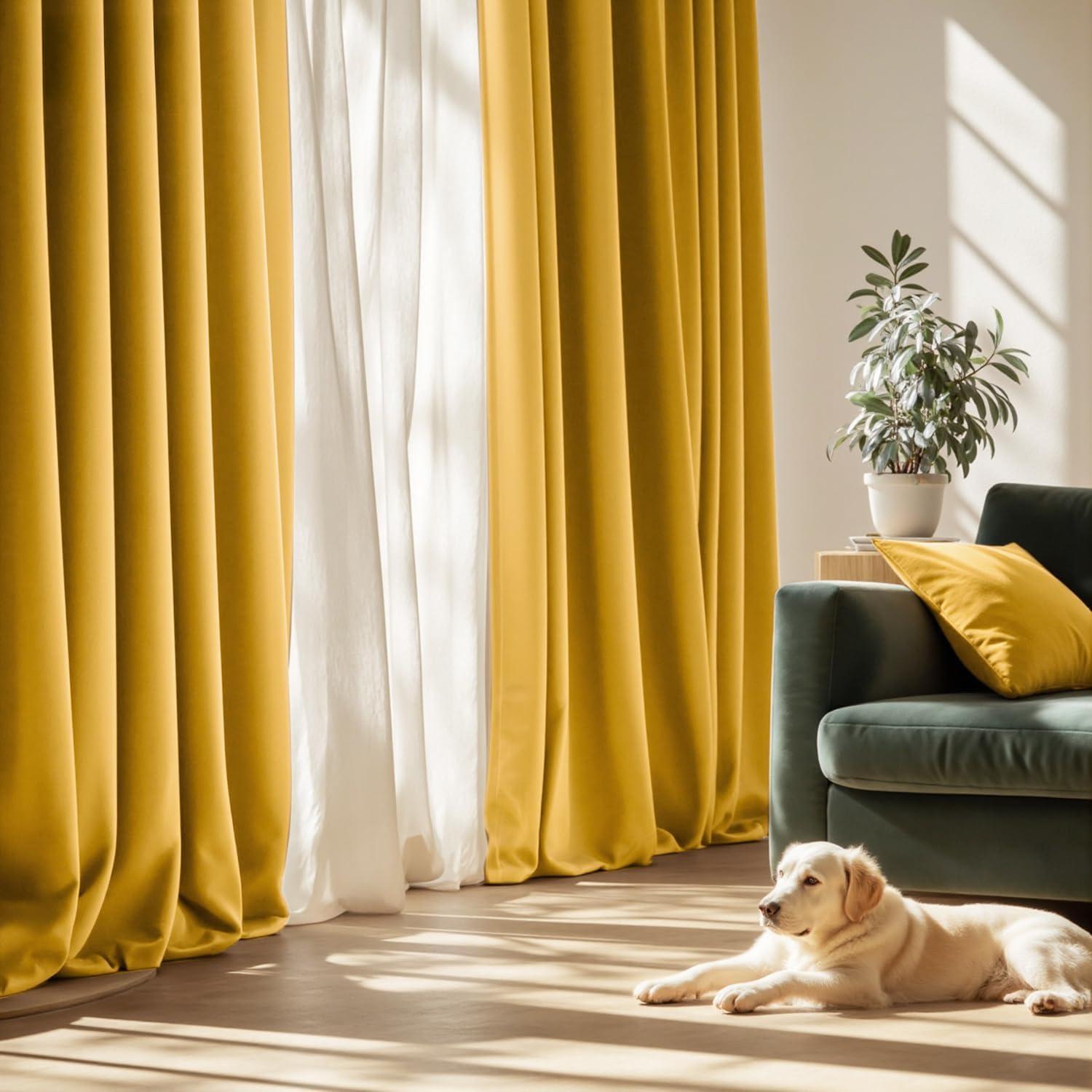 imageMIULEE Navy Blue Velvet Curtains 84 Inch Long Luxury Super Soft Thermal Insulated Blackout Curtains Room Darkening Drapes Rod Pocket Design for Bedroom Living Room Set of 2 Panels W40 x L84 InchMustard Yellow