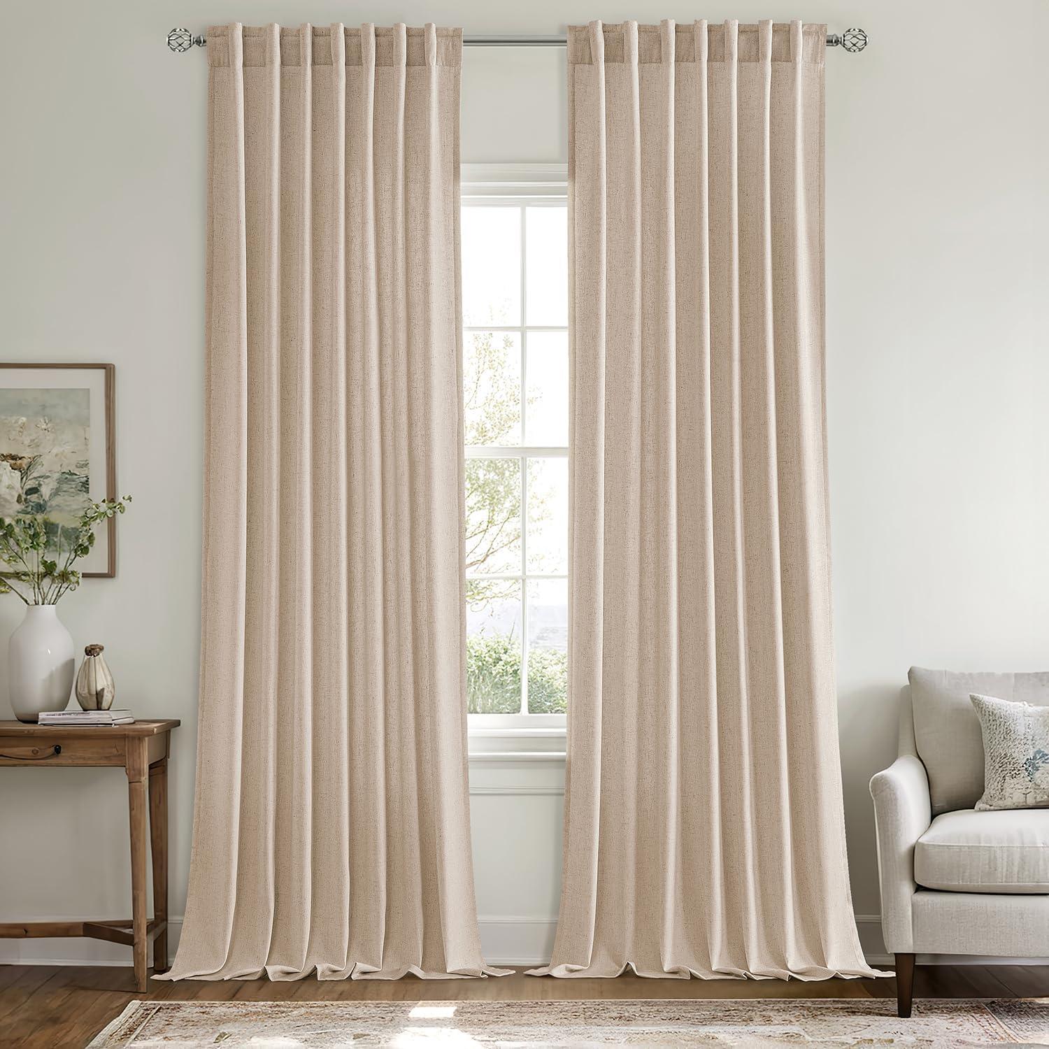 imageMIULEE NonSeeThrough Privacy Linen Curtains 2 Panels Christmas Emerald Green Light Filtering Window Curtains Textured Back Tab Semi Sheer Drapes for Bedroom Living Room 52 x 90 Inches LongBeige
