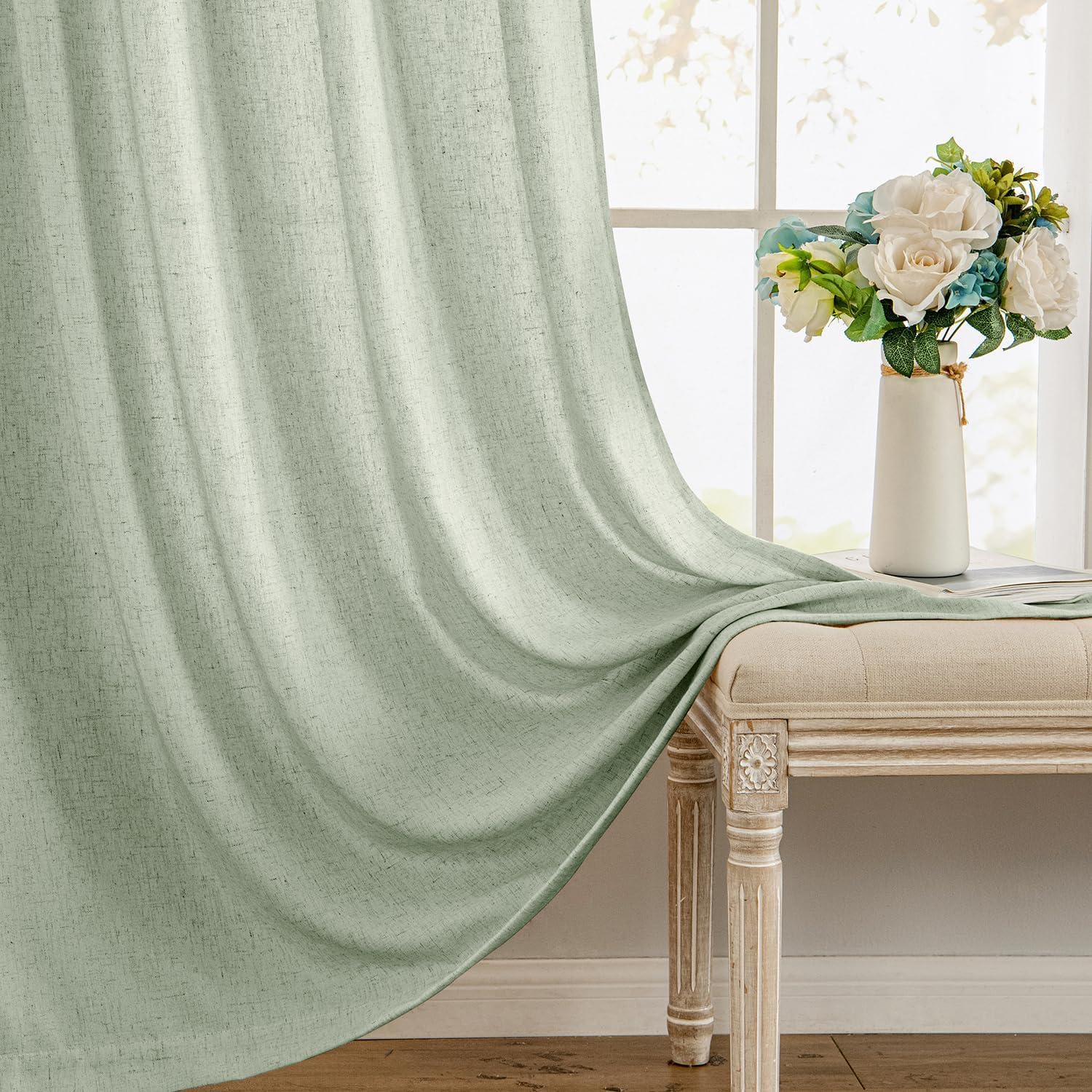 imageMIULEE NonSeeThrough Privacy Linen Curtains 2 Panels Christmas Emerald Green Light Filtering Window Curtains Textured Back Tab Semi Sheer Drapes for Bedroom Living Room 52 x 90 Inches LongSage Green