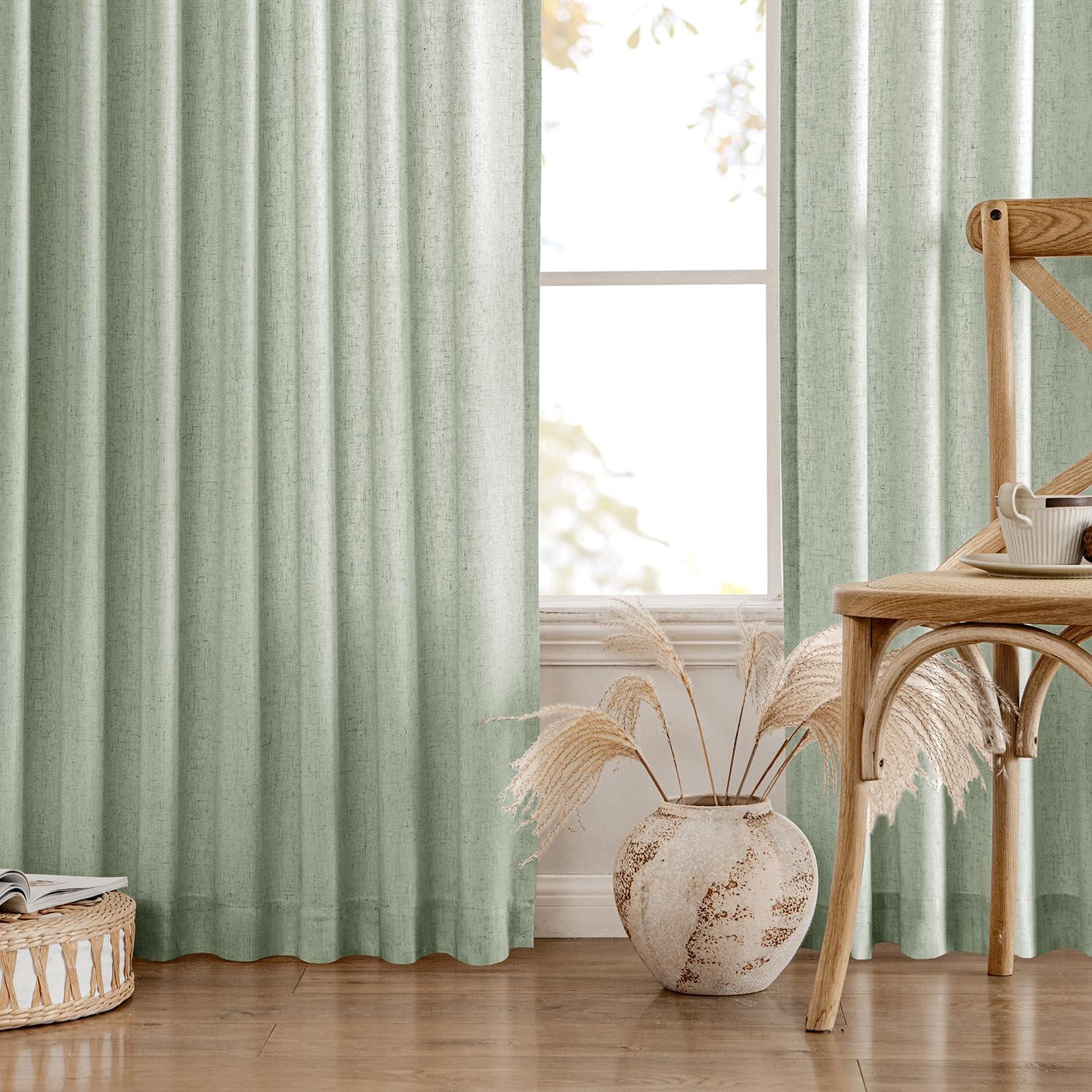 imageMIULEE NonSeeThrough Privacy Linen Curtains 2 Panels Christmas Emerald Green Light Filtering Window Curtains Textured Back Tab Semi Sheer Drapes for Bedroom Living Room 52 x 90 Inches LongSage Green
