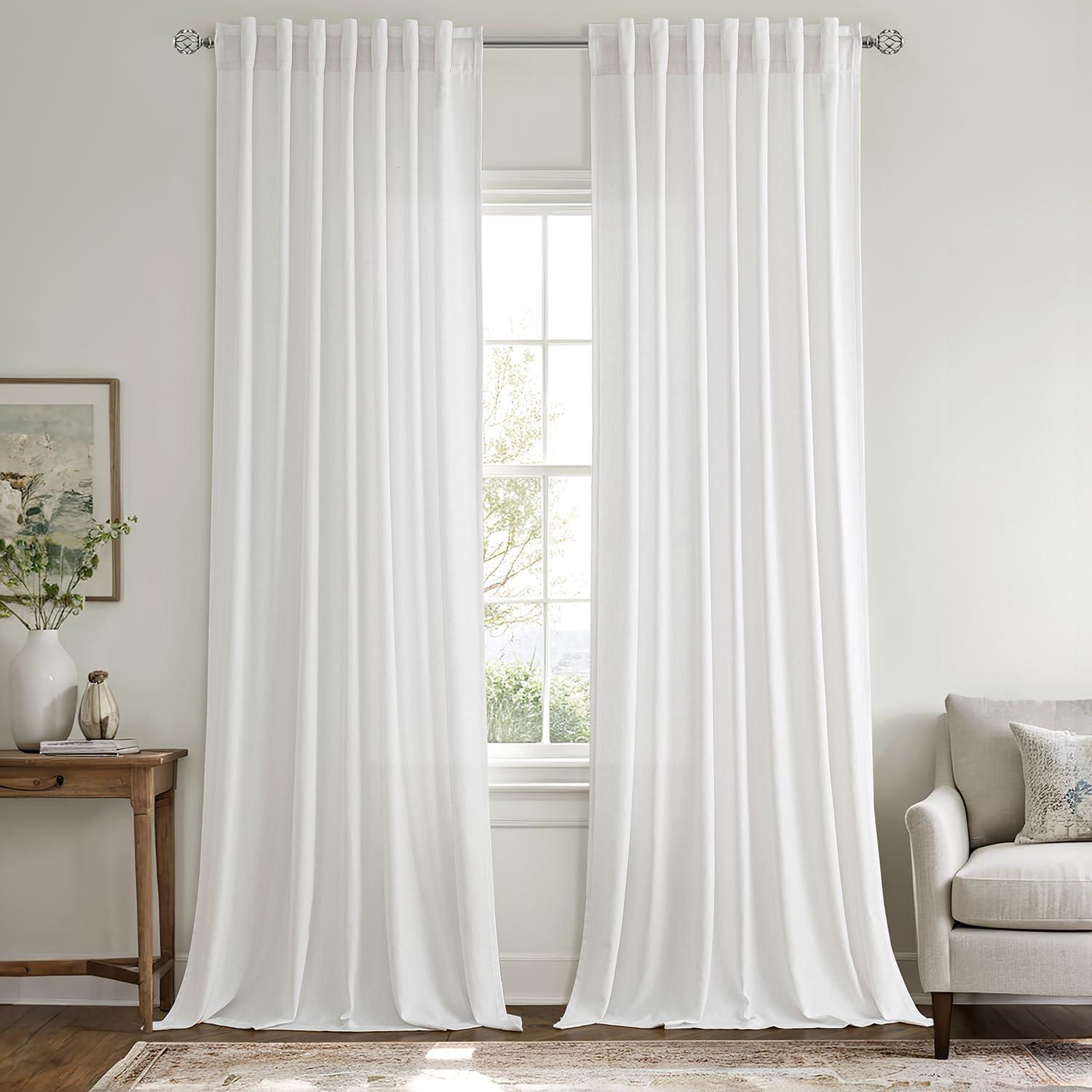 imageMIULEE NonSeeThrough Privacy Linen Curtains 2 Panels Christmas Emerald Green Light Filtering Window Curtains Textured Back Tab Semi Sheer Drapes for Bedroom Living Room 52 x 90 Inches LongPure White
