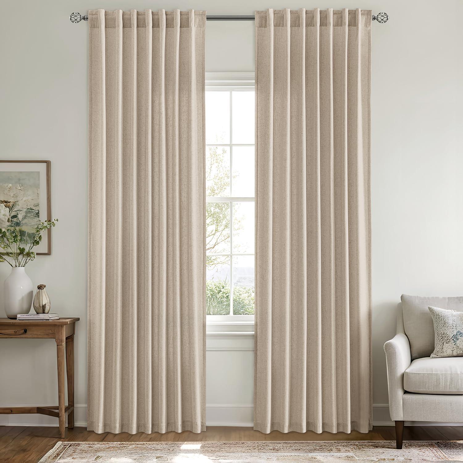 imageMIULEE NonSeeThrough Privacy Linen Curtains 2 Panels Christmas Emerald Green Light Filtering Window Curtains Textured Back Tab Semi Sheer Drapes for Bedroom Living Room 52 x 90 Inches LongTaupe