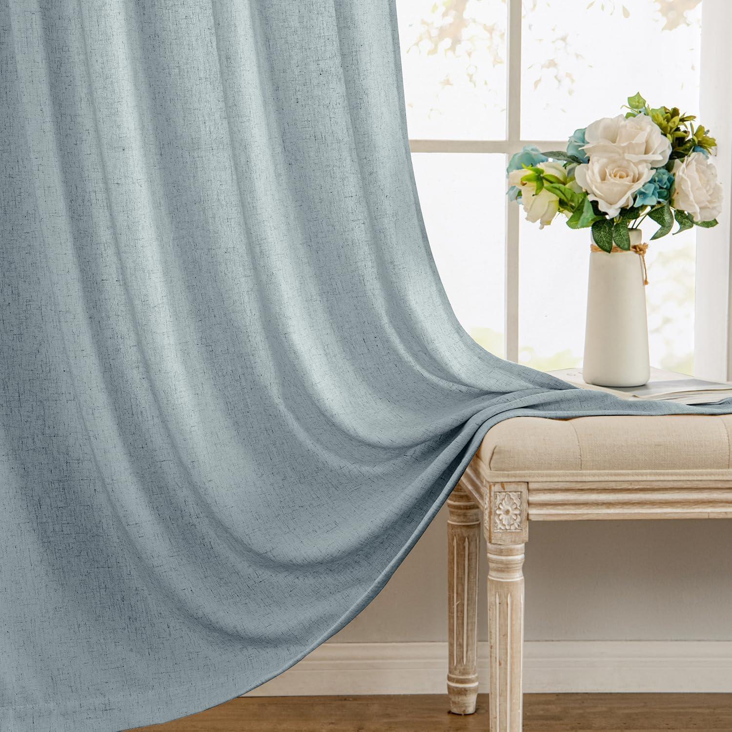 imageMIULEE NonSeeThrough Privacy Linen Curtains 2 Panels Christmas Emerald Green Light Filtering Window Curtains Textured Back Tab Semi Sheer Drapes for Bedroom Living Room 52 x 90 Inches LongStone Blue