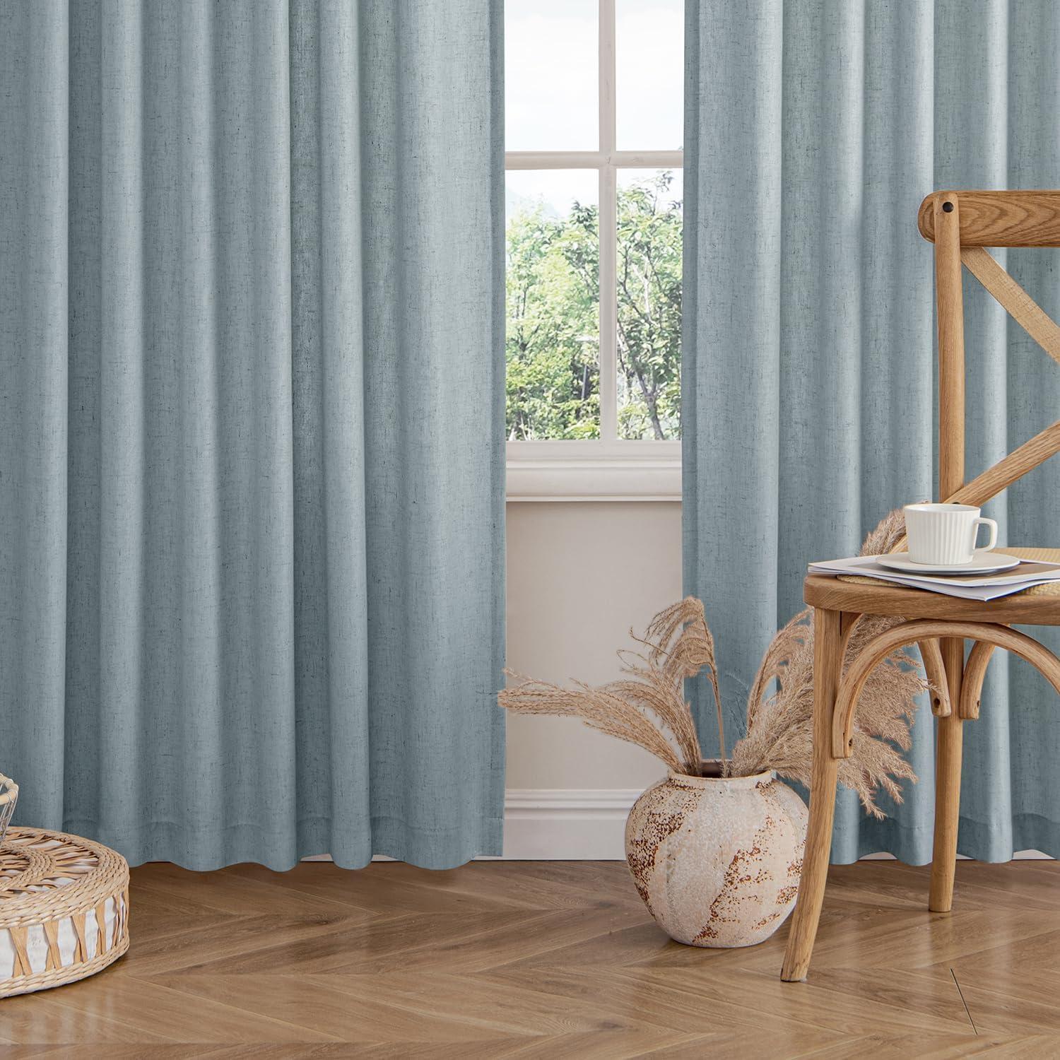 imageMIULEE NonSeeThrough Privacy Linen Curtains 2 Panels Christmas Emerald Green Light Filtering Window Curtains Textured Back Tab Semi Sheer Drapes for Bedroom Living Room 52 x 90 Inches LongStone Blue
