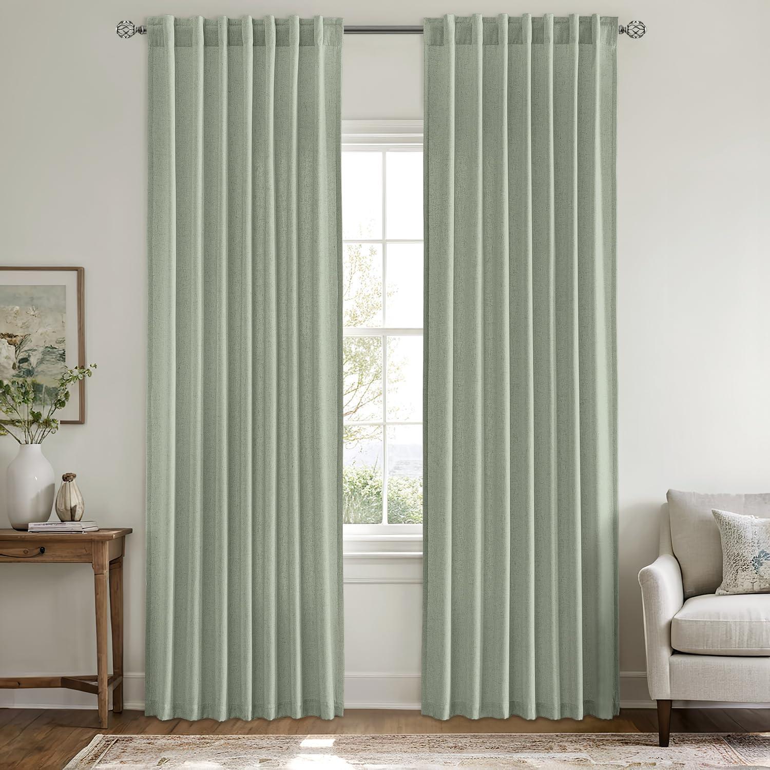 imageMIULEE NonSeeThrough Privacy Linen Curtains 2 Panels Christmas Emerald Green Light Filtering Window Curtains Textured Back Tab Semi Sheer Drapes for Bedroom Living Room 52 x 90 Inches LongSage Green