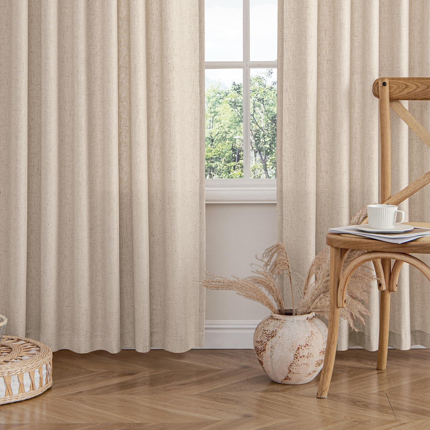 imageMIULEE NonSeeThrough Privacy Linen Curtains 2 Panels Christmas Emerald Green Light Filtering Window Curtains Textured Back Tab Semi Sheer Drapes for Bedroom Living Room 52 x 90 Inches LongBeige