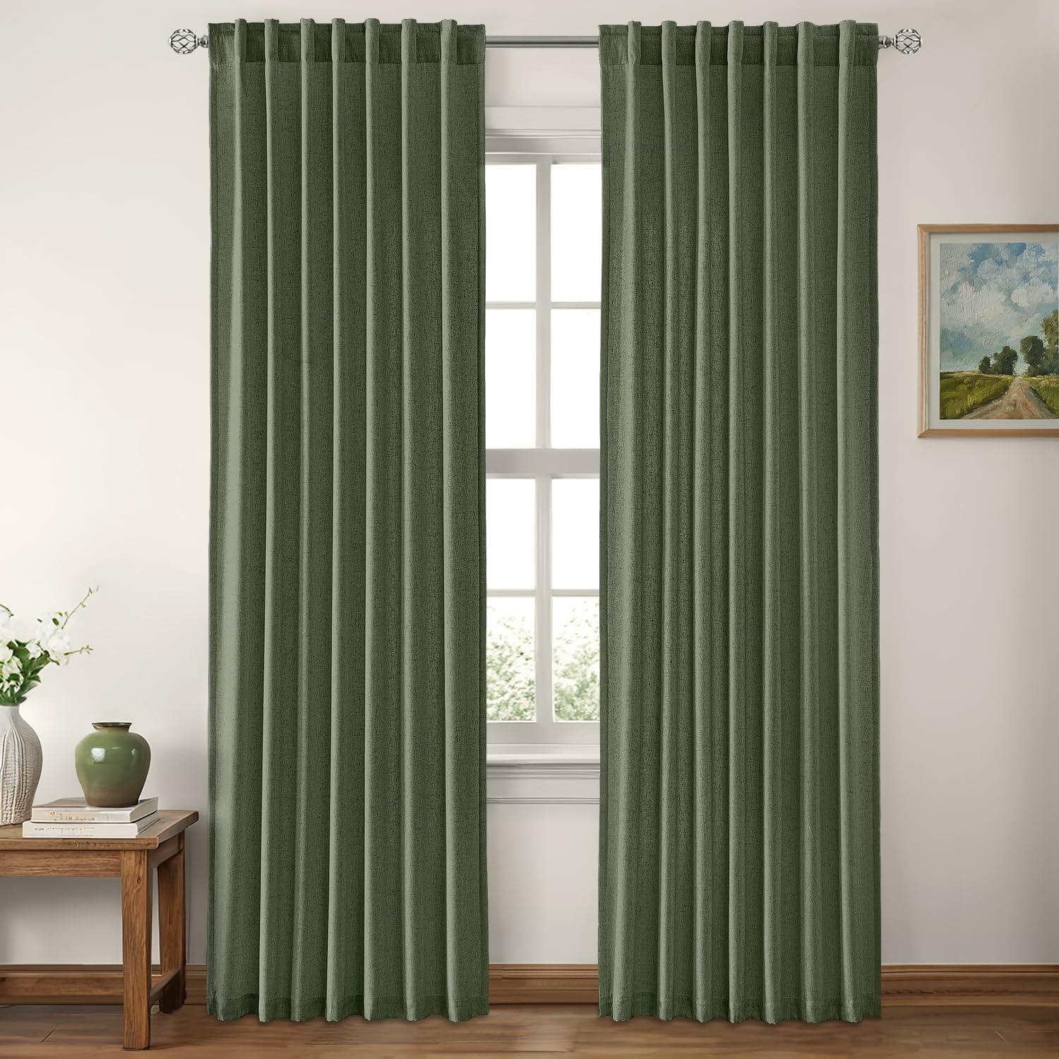 imageMIULEE NonSeeThrough Privacy Linen Curtains 2 Panels Christmas Emerald Green Light Filtering Window Curtains Textured Back Tab Semi Sheer Drapes for Bedroom Living Room 52 x 90 Inches LongOlive Green