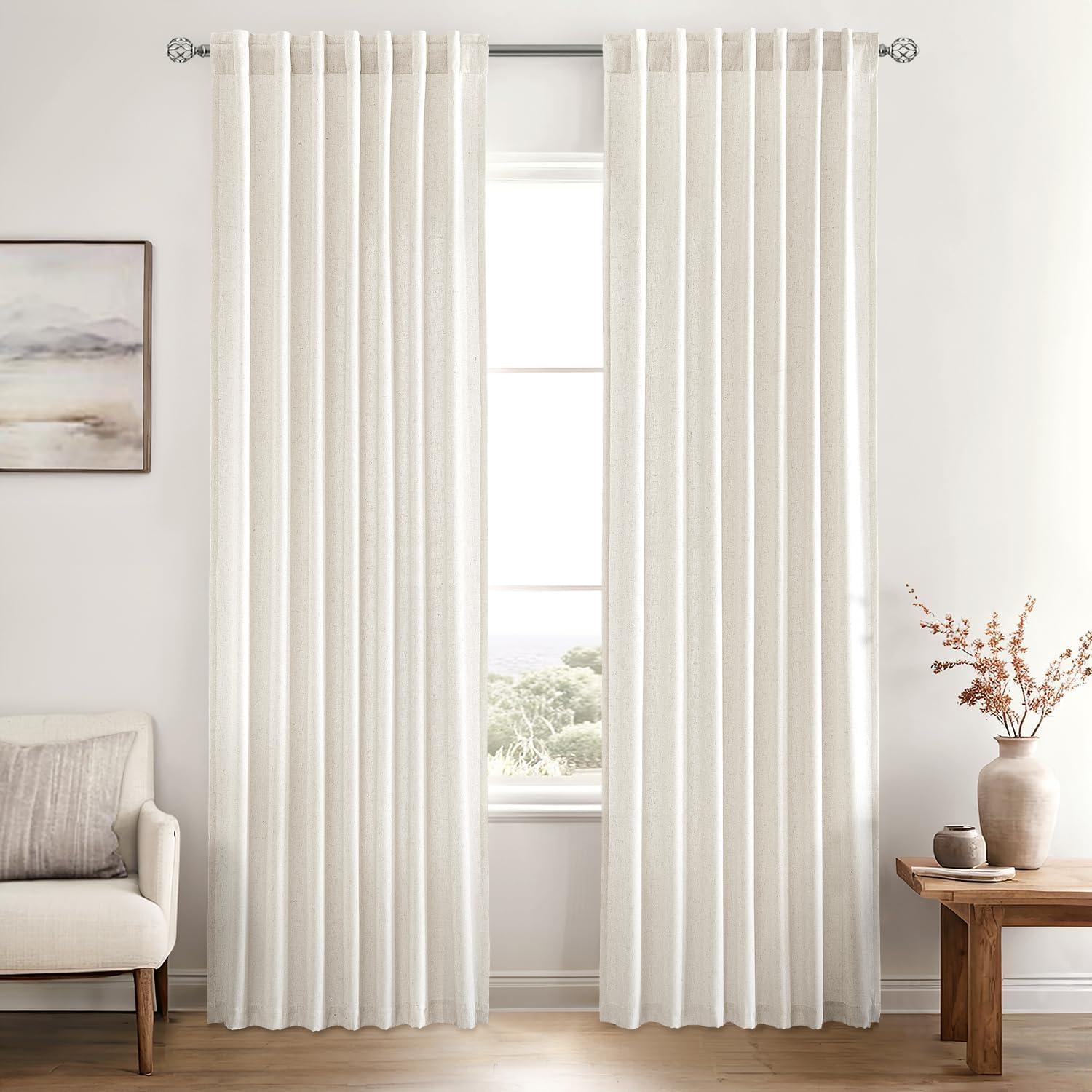 imageMIULEE NonSeeThrough Privacy Linen Curtains 2 Panels Christmas Emerald Green Light Filtering Window Curtains Textured Back Tab Semi Sheer Drapes for Bedroom Living Room 52 x 90 Inches LongNatural
