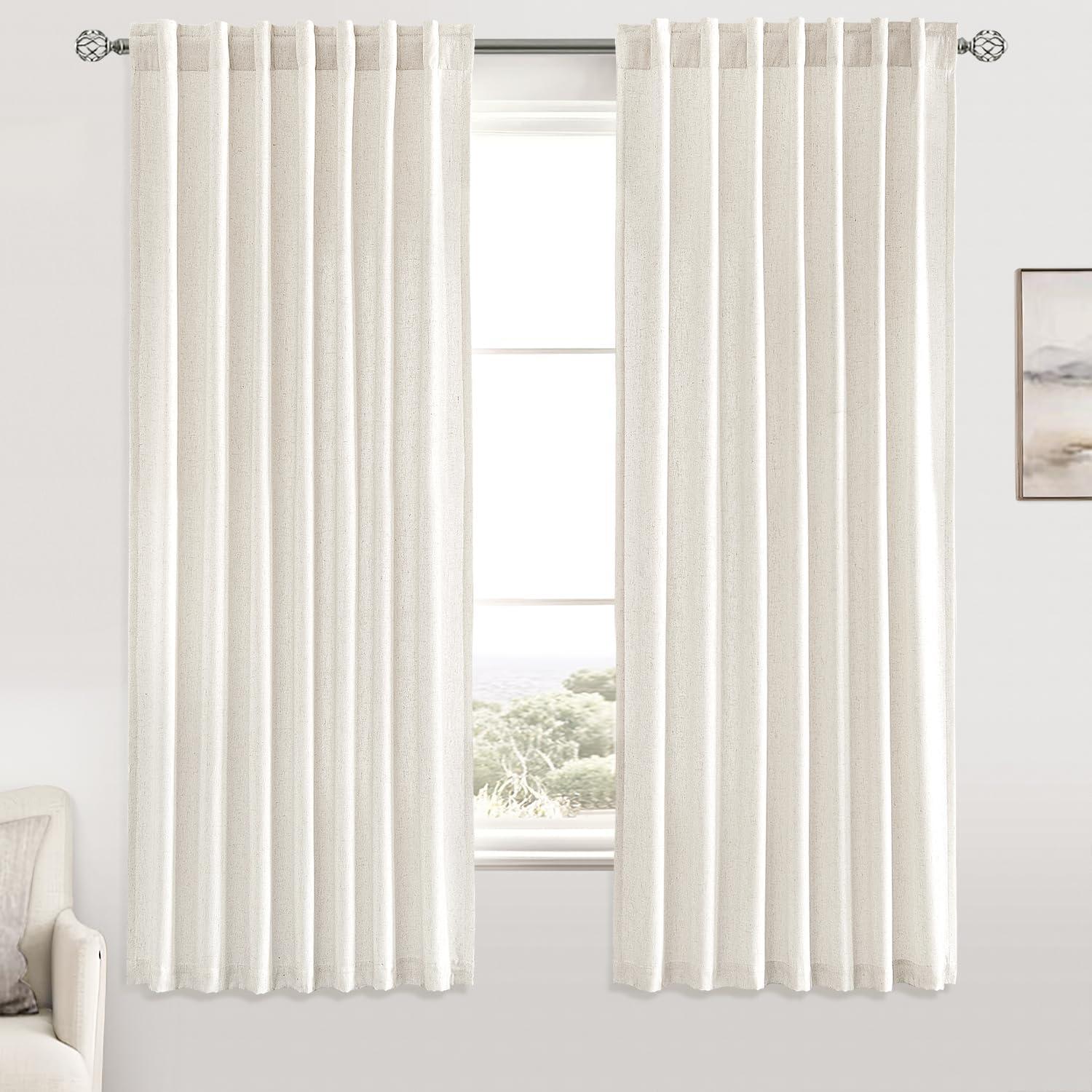 imageMIULEE NonSeeThrough Privacy Linen Curtains 2 Panels Christmas Emerald Green Light Filtering Window Curtains Textured Back Tab Semi Sheer Drapes for Bedroom Living Room 52 x 90 Inches LongNatural