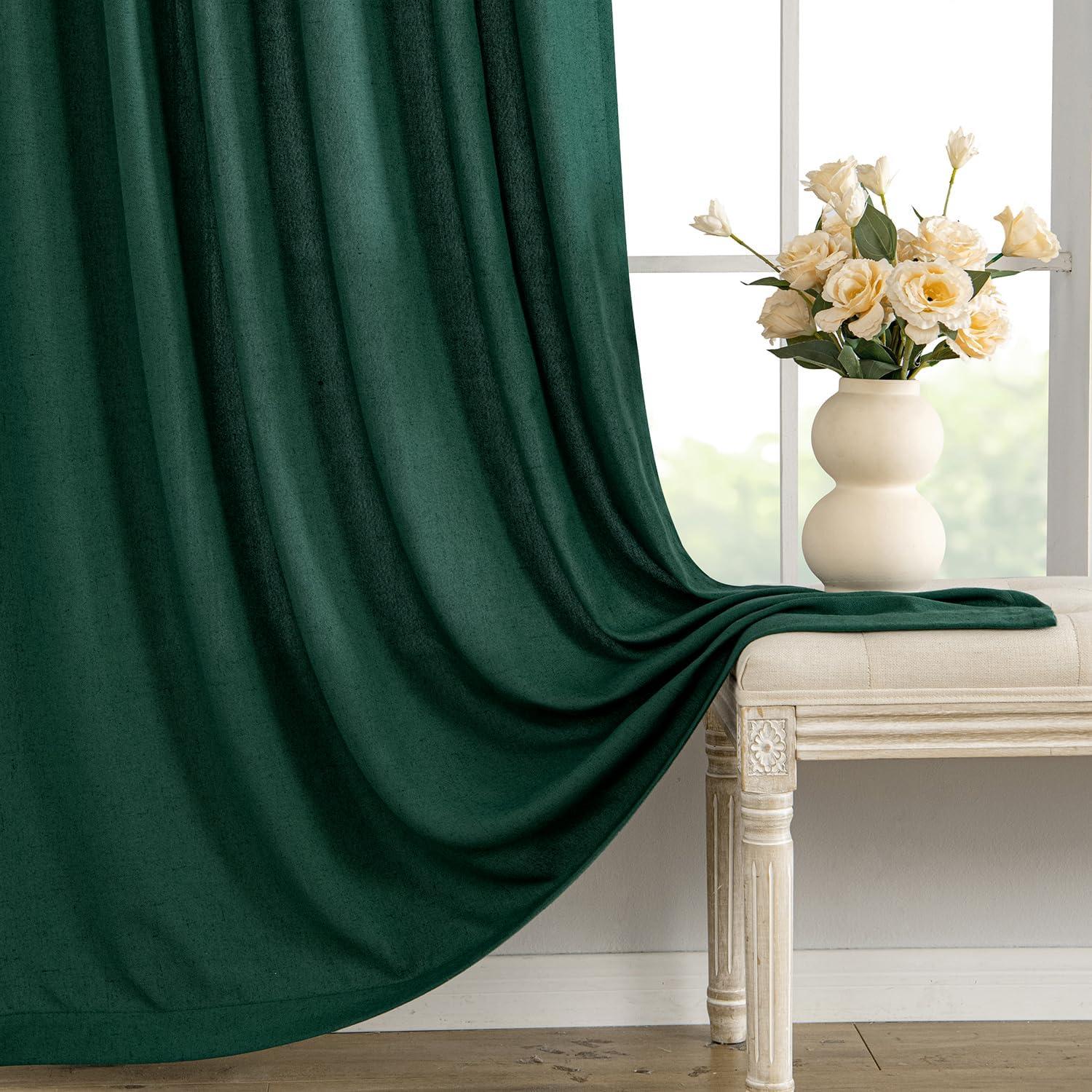 imageMIULEE NonSeeThrough Privacy Linen Curtains 2 Panels Christmas Emerald Green Light Filtering Window Curtains Textured Back Tab Semi Sheer Drapes for Bedroom Living Room 52 x 90 Inches LongEmerald Green