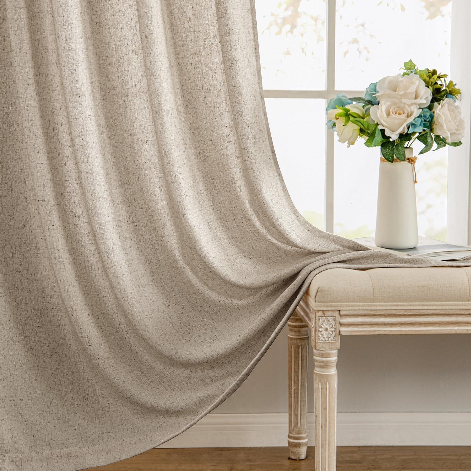 imageMIULEE NonSeeThrough Privacy Linen Curtains 2 Panels Christmas Emerald Green Light Filtering Window Curtains Textured Back Tab Semi Sheer Drapes for Bedroom Living Room 52 x 90 Inches LongTaupe