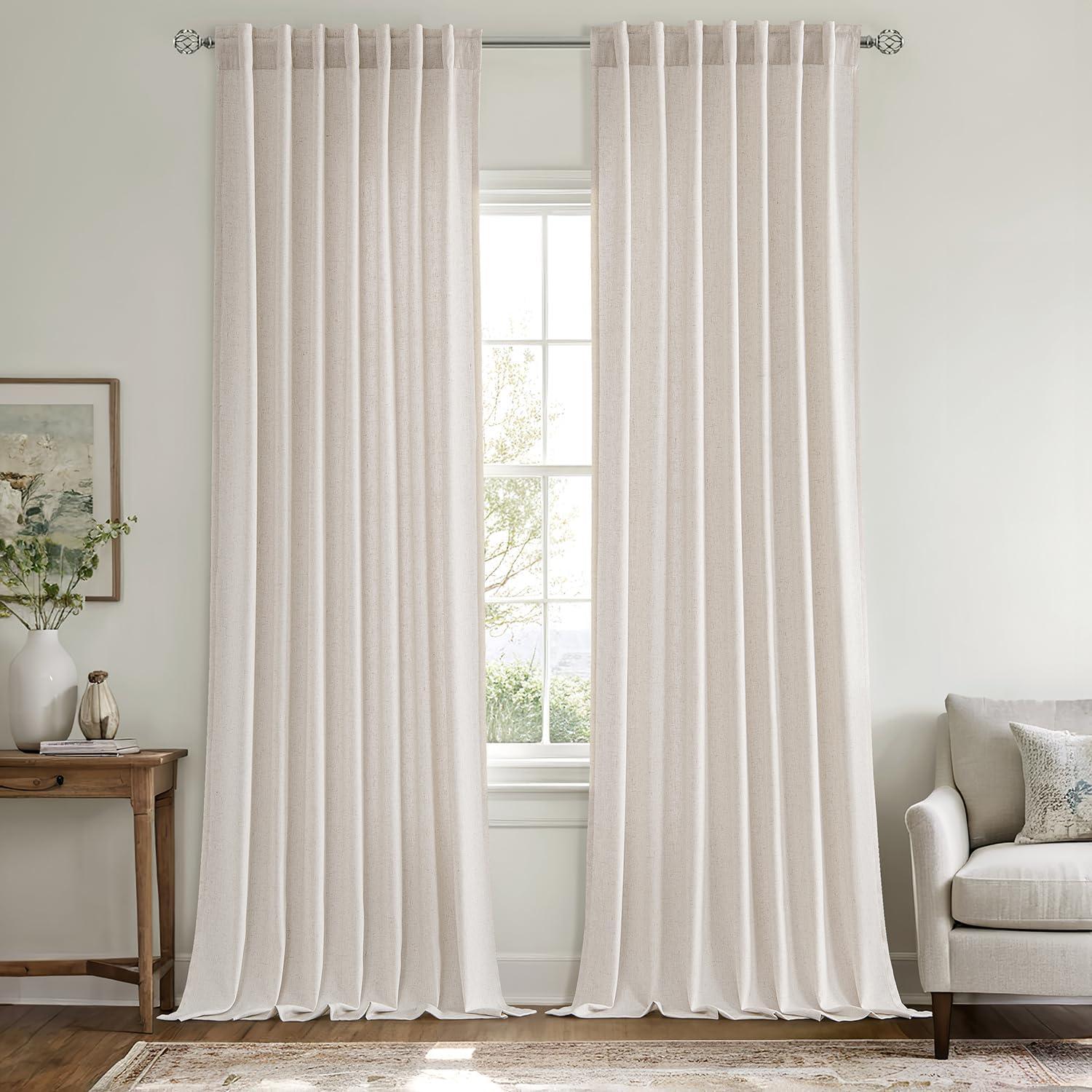 imageMIULEE NonSeeThrough Privacy Linen Curtains 2 Panels Christmas Emerald Green Light Filtering Window Curtains Textured Back Tab Semi Sheer Drapes for Bedroom Living Room 52 x 90 Inches LongWhite