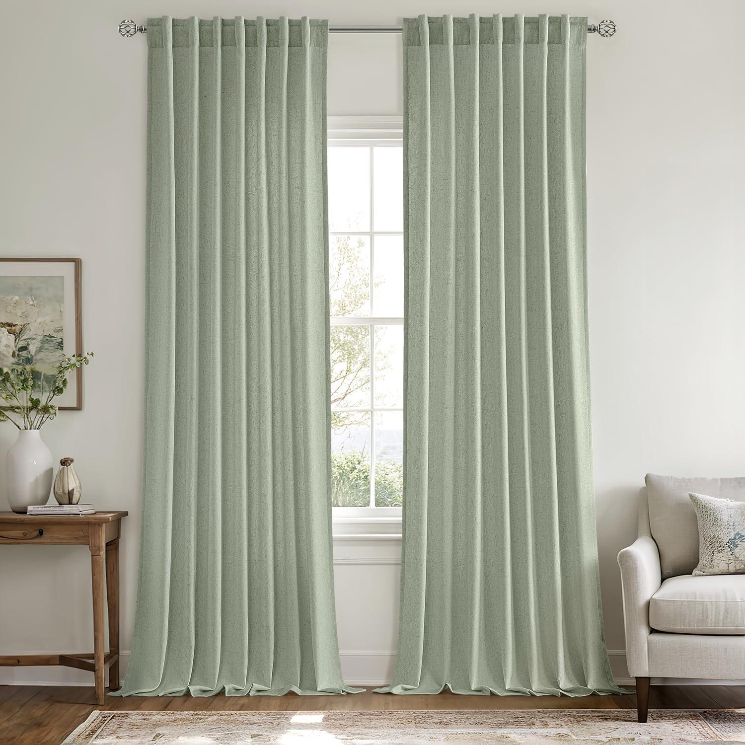 imageMIULEE NonSeeThrough Privacy Linen Curtains 2 Panels Christmas Emerald Green Light Filtering Window Curtains Textured Back Tab Semi Sheer Drapes for Bedroom Living Room 52 x 90 Inches LongSage Green