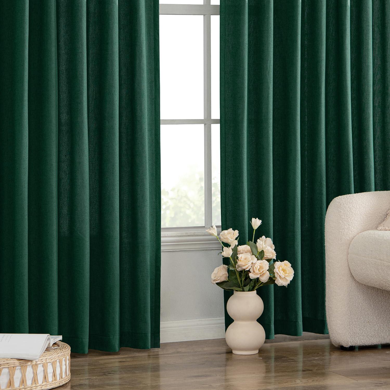 imageMIULEE NonSeeThrough Privacy Linen Curtains 2 Panels Christmas Emerald Green Light Filtering Window Curtains Textured Back Tab Semi Sheer Drapes for Bedroom Living Room 52 x 90 Inches LongEmerald Green