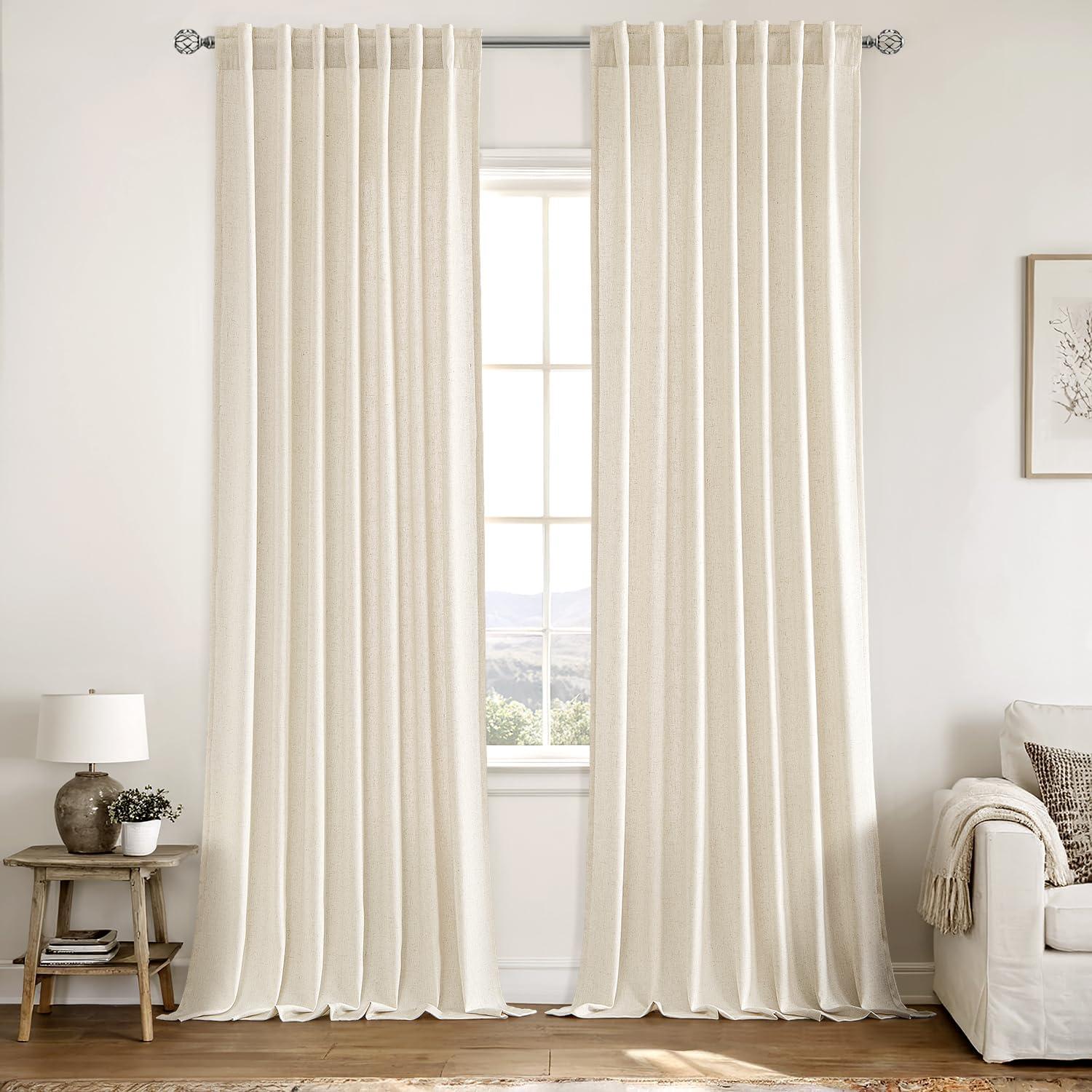 imageMIULEE NonSeeThrough Privacy Linen Curtains 2 Panels Christmas Emerald Green Light Filtering Window Curtains Textured Back Tab Semi Sheer Drapes for Bedroom Living Room 52 x 90 Inches LongIvory